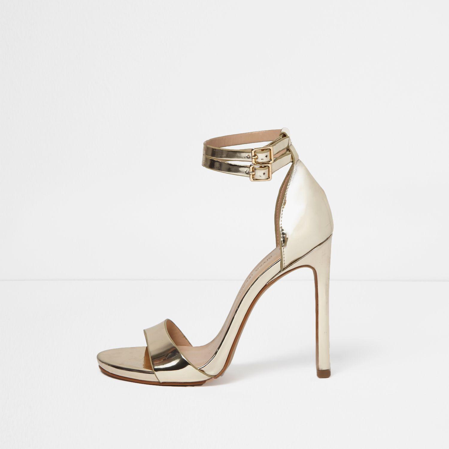 River Island Gold Strappy Barely There Heels in Metallic | Lyst