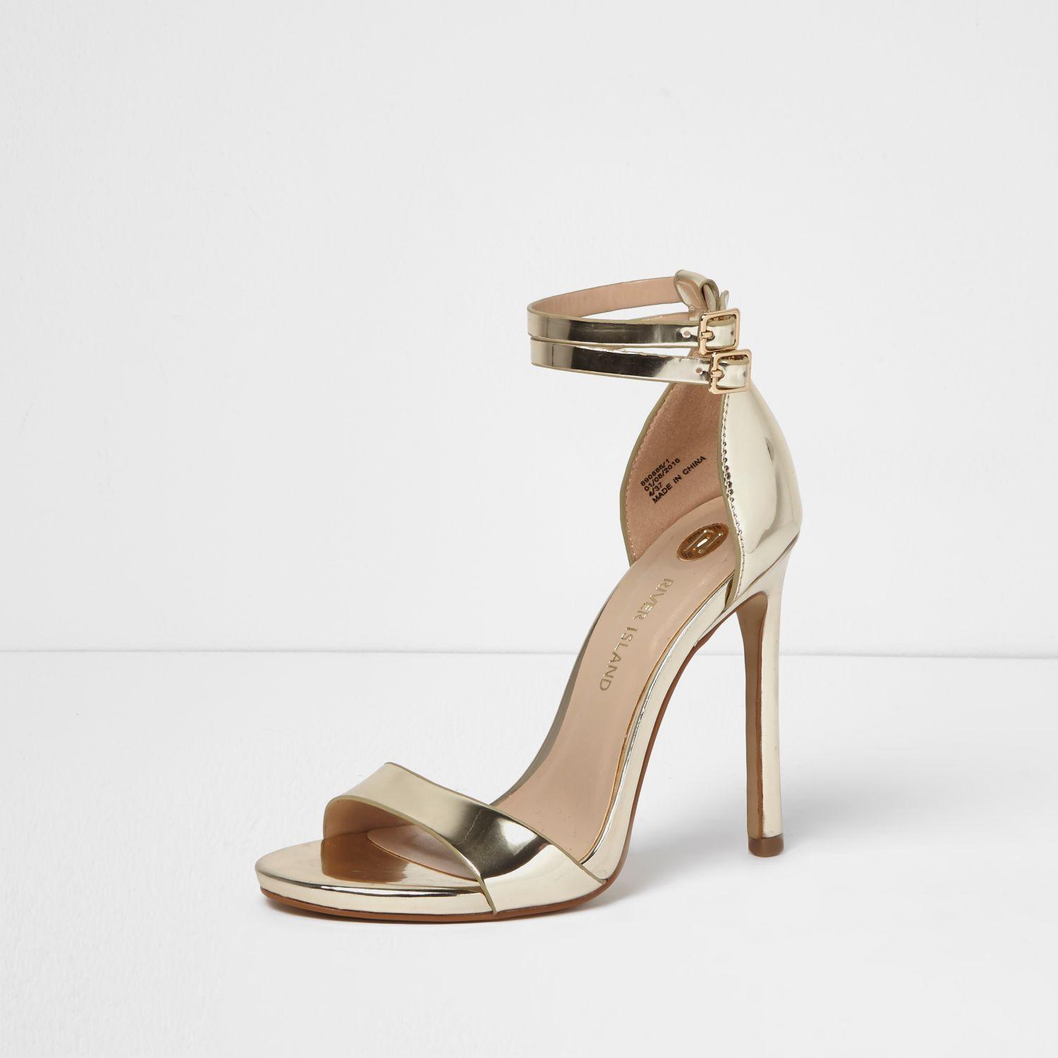 River Island Gold Strappy Barely There Heels in Metallic - Lyst