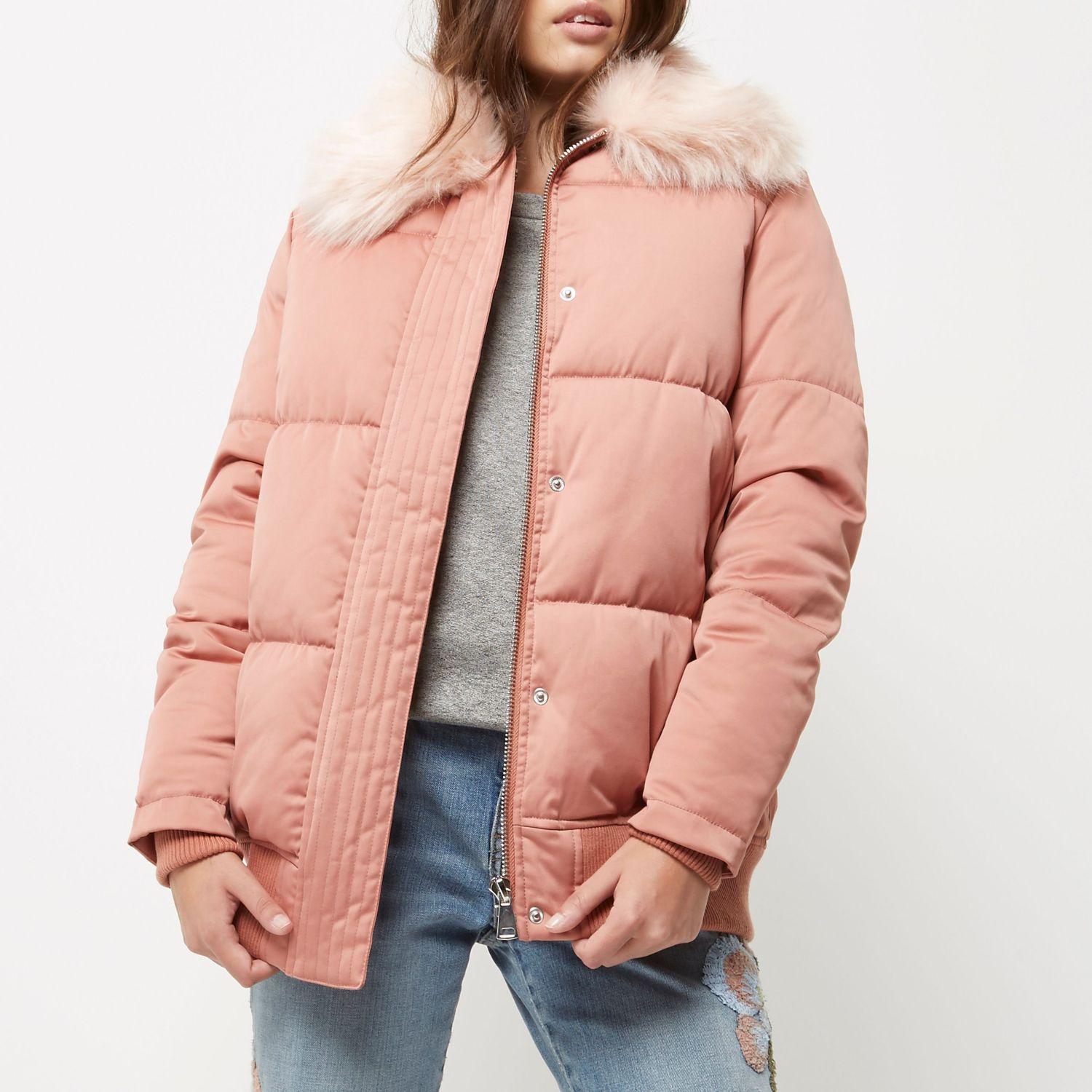 River Island Petite Pink Puffer Coat With Faux Fur Trim - Lyst