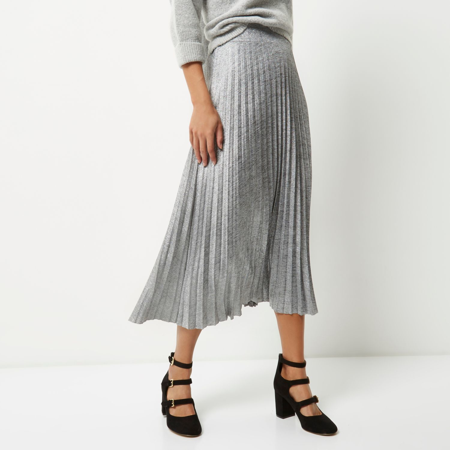 River Island Synthetic Silver Pleated Midi Skirt in Metallic - Lyst