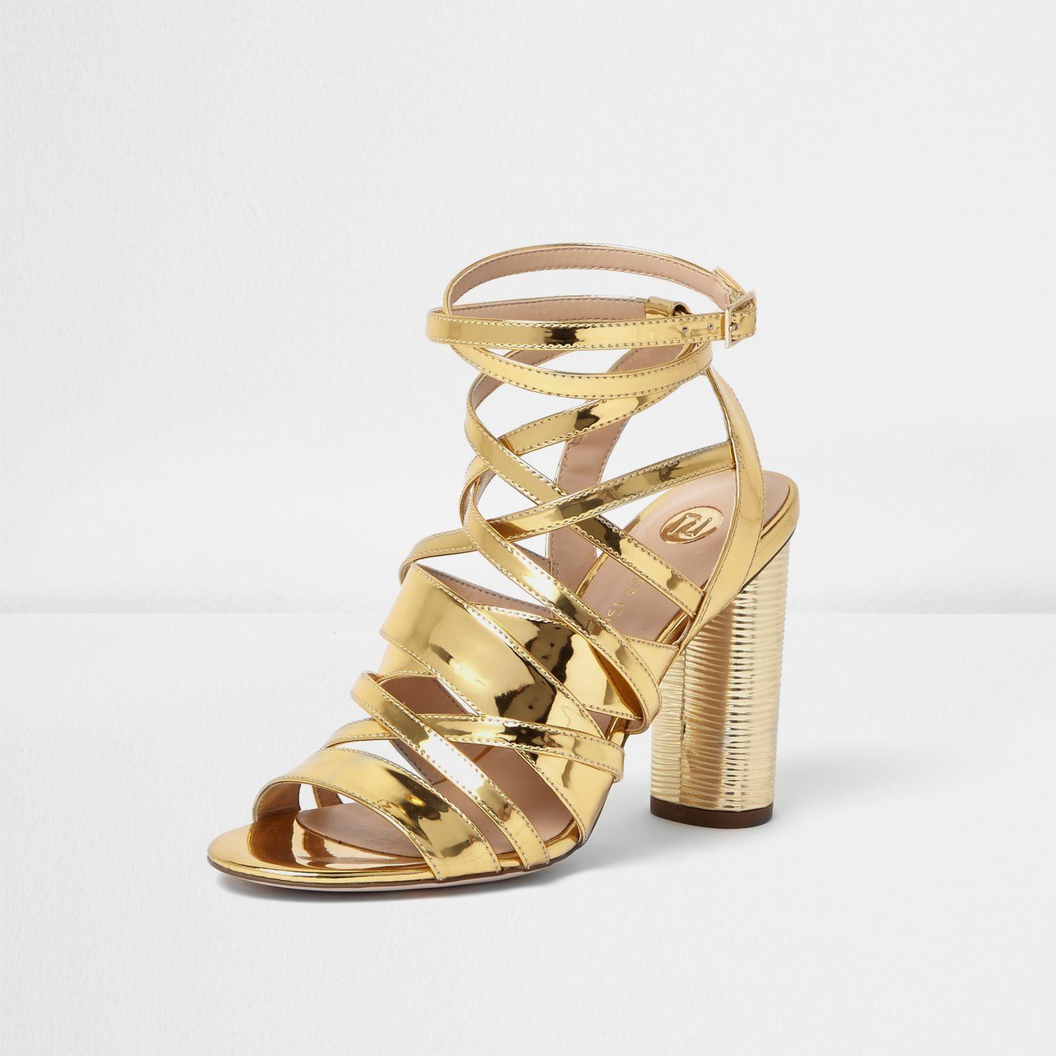 River Island Patent Gold Strappy Heeled Sandals in Metallic - Lyst