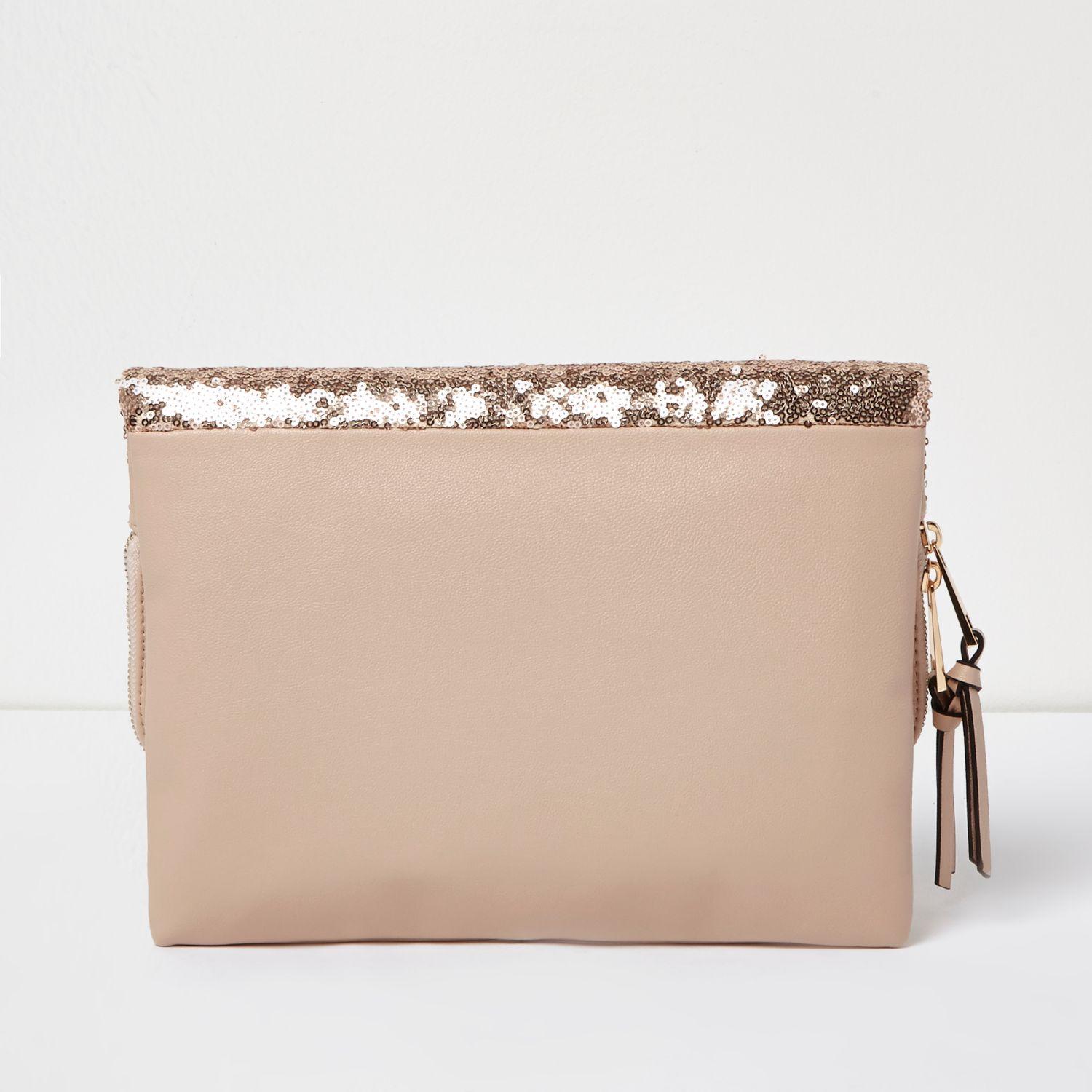 River Island Leather Rose Gold Sequin Fold Over Clutch Bag - Lyst