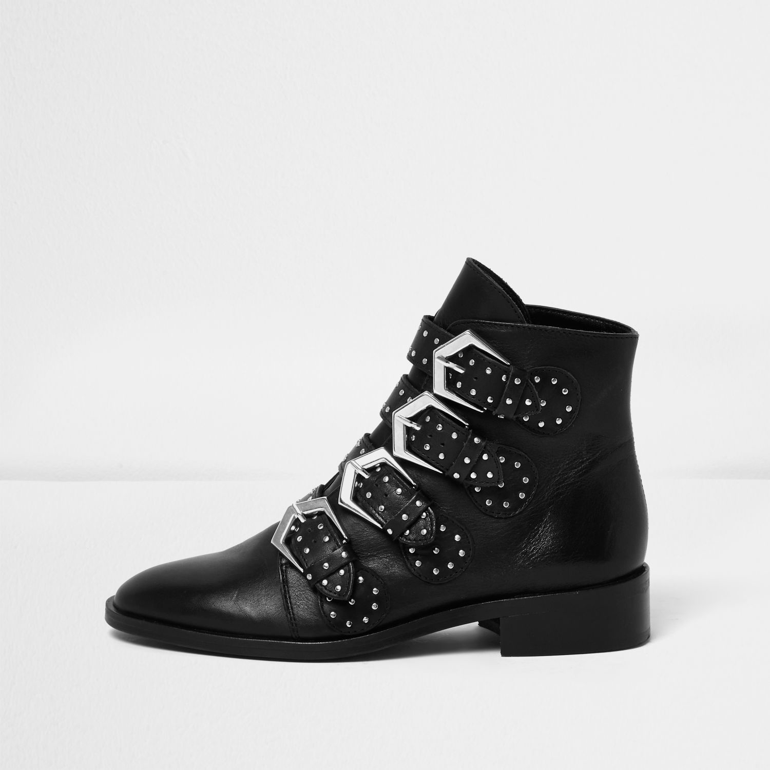 River Island Black Leather Stud Buckled Ankle Boots Lyst