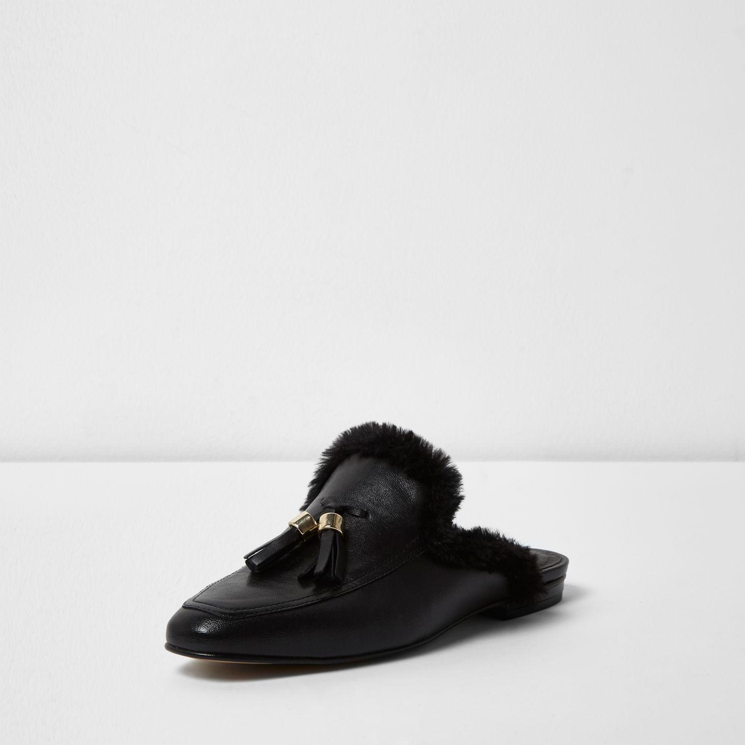 black fur loafers