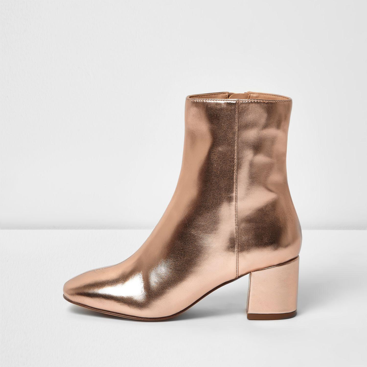River Island Rose Gold Block Heel Ankle Boot in Brown | Lyst UK