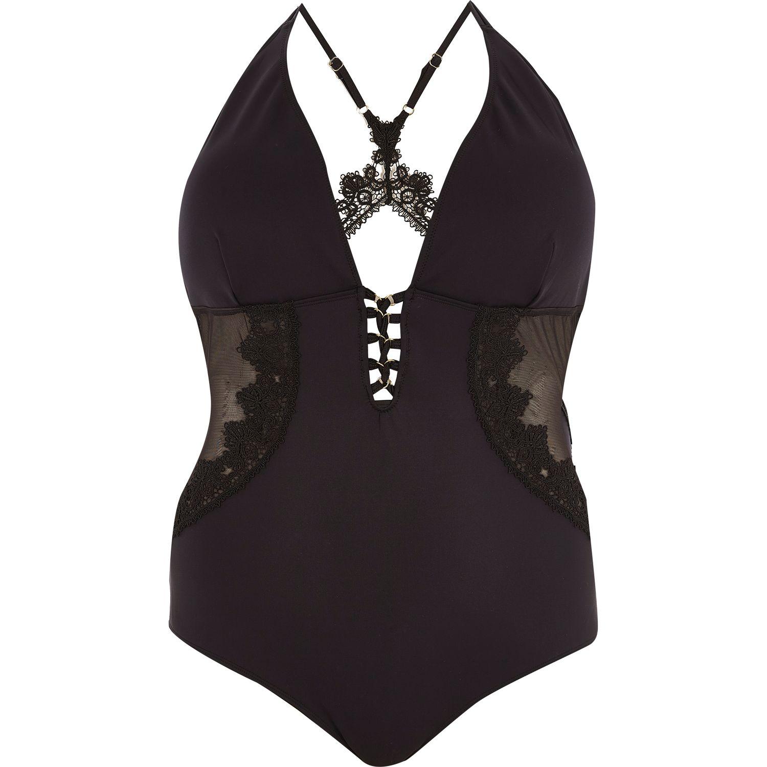 River island Plus Black Lace Panel Plunge Swimsuit in Black | Lyst