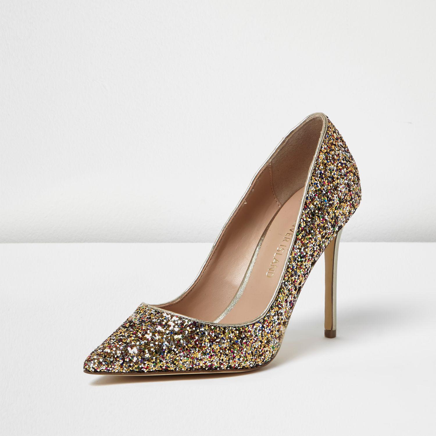River Island Gold Glitter Court Shoes in Yellow Lyst