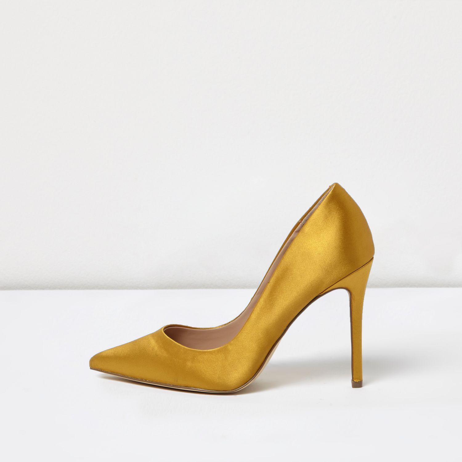 River Island Gold Satin Court Shoes in Yellow | Lyst UK