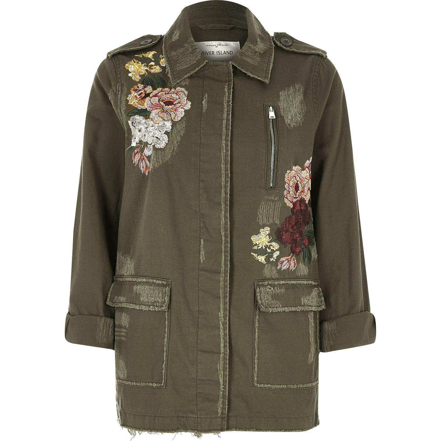 River island Khaki Floral Embroidered Army Jacket in Green | Lyst