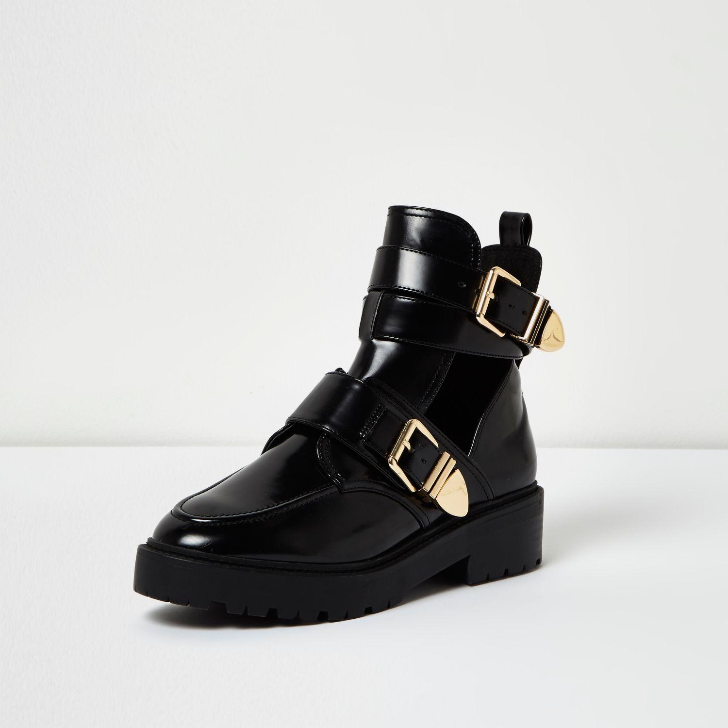 River Island Black Patent Wide Fit Cutout Buckle Boots Lyst