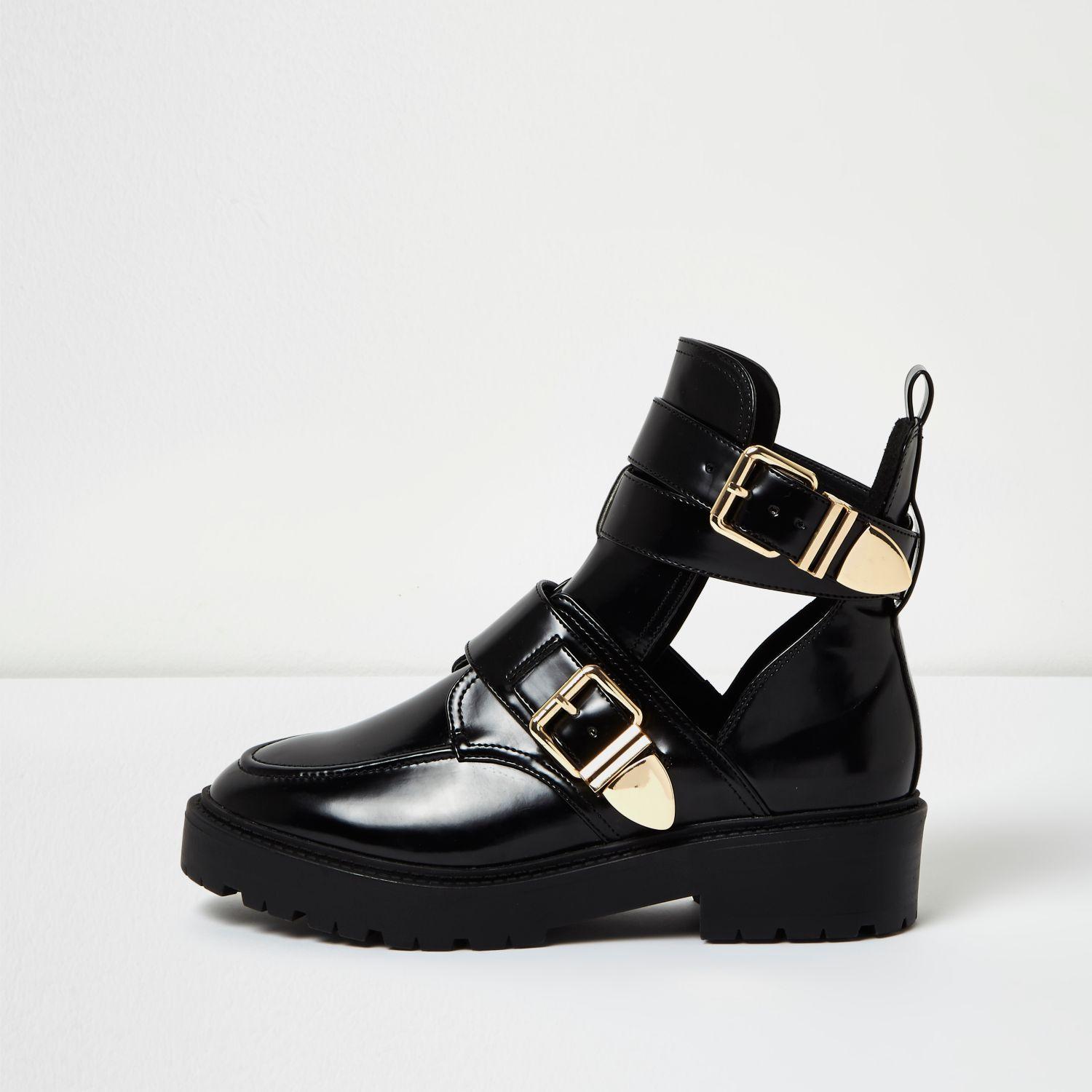 River Island Black Patent Wide Fit Cut-out Buckle Boots - Lyst