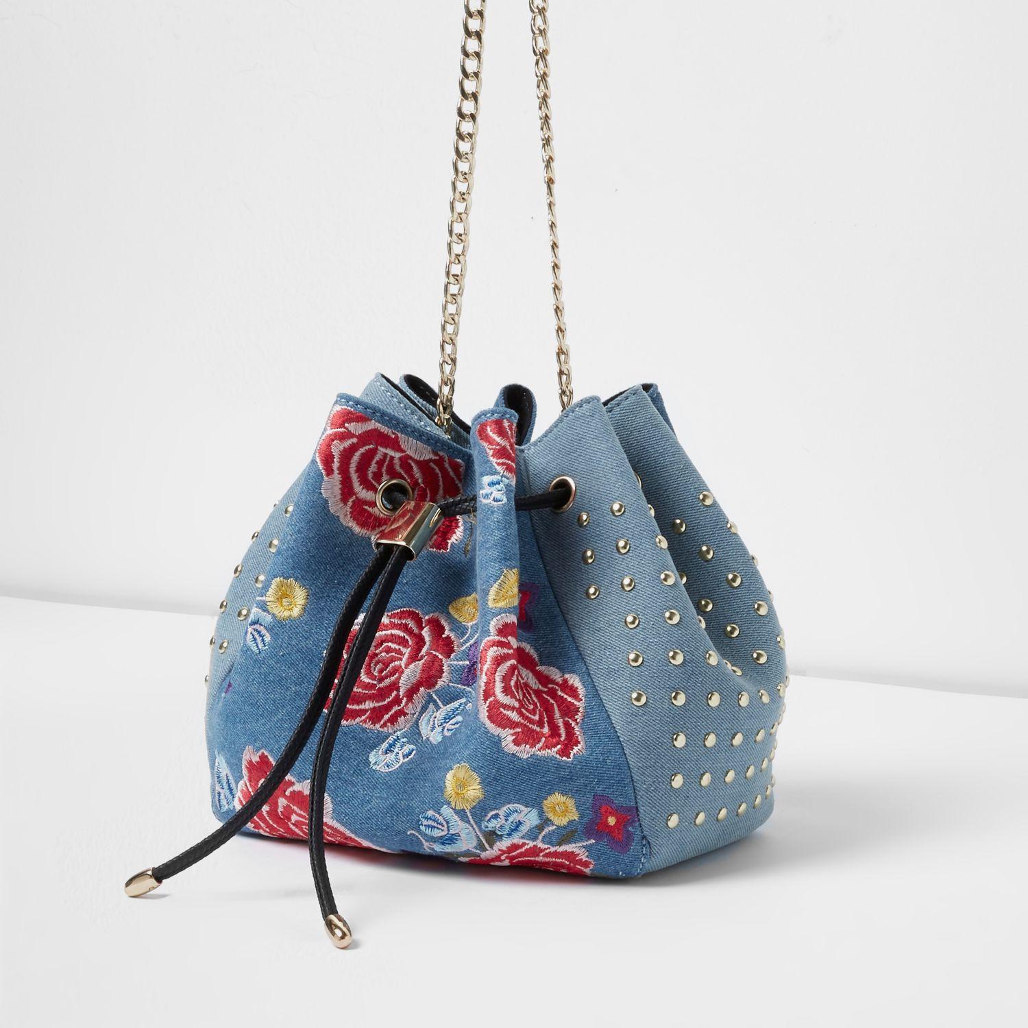 River Island Blue Denim Floral Embroidered Duffle Bag Lyst