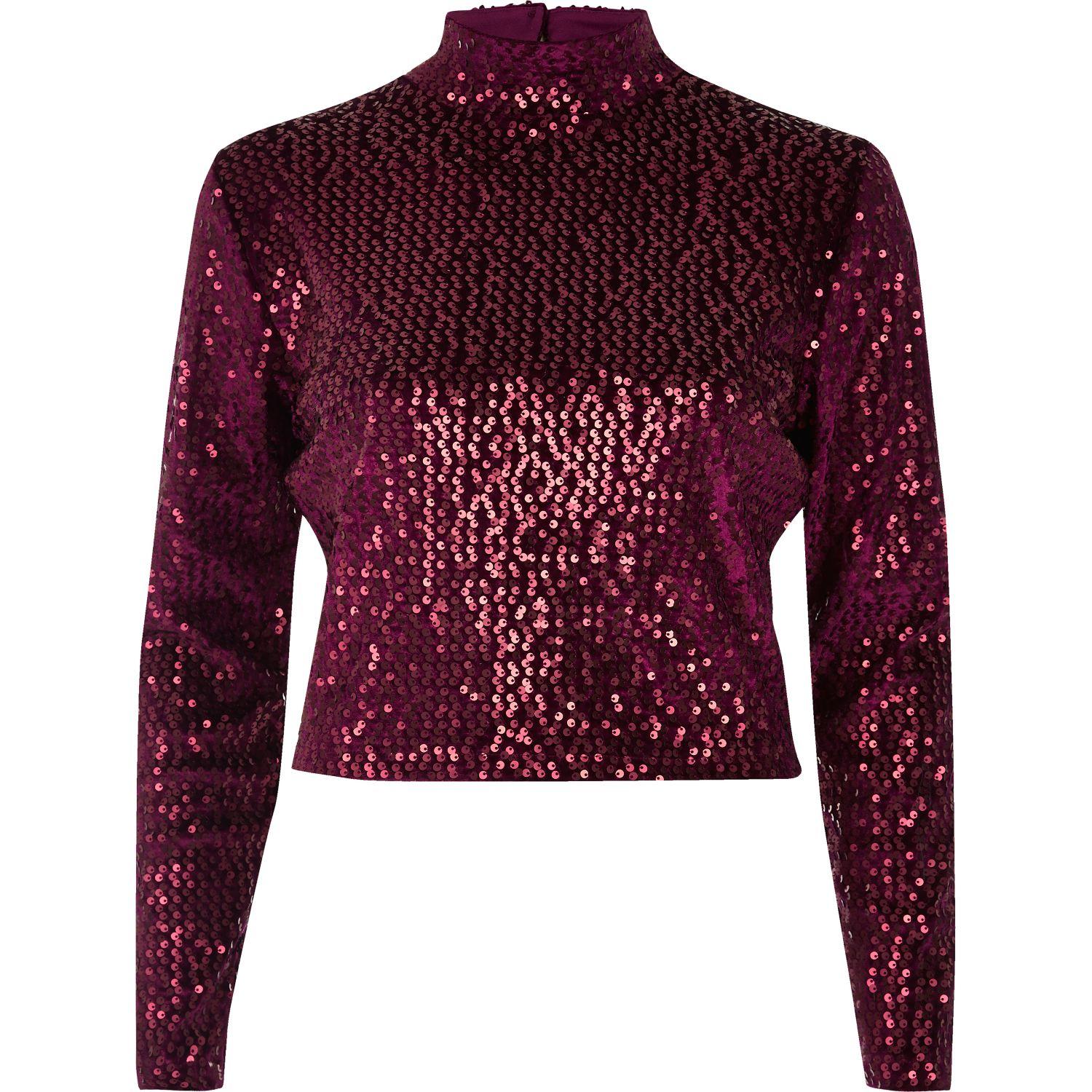 River Island Synthetic Burgundy Sequin Turtleneck Crop Top in Red - Lyst