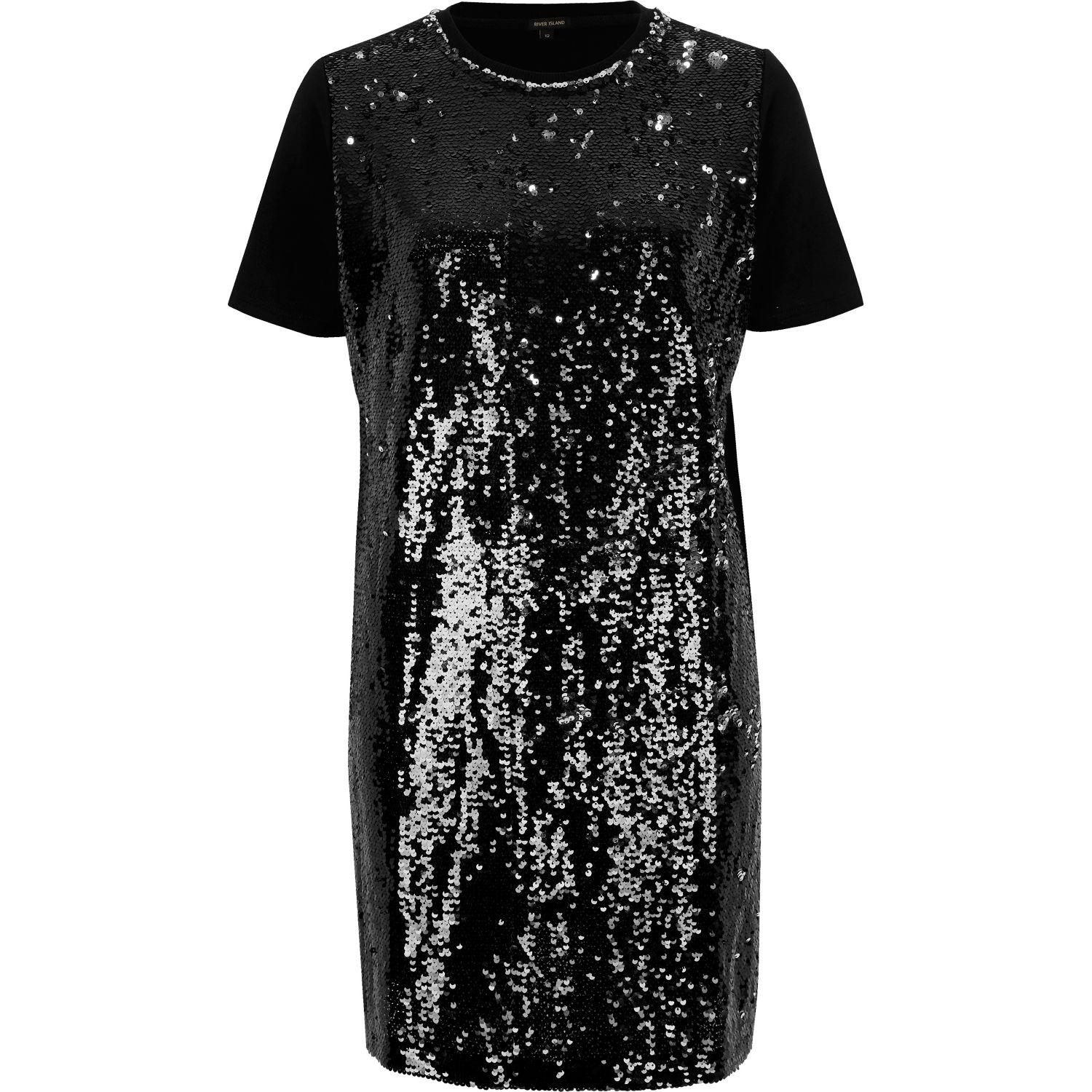 River Island Black Sequin Oversized T-shirt Dress | Lyst