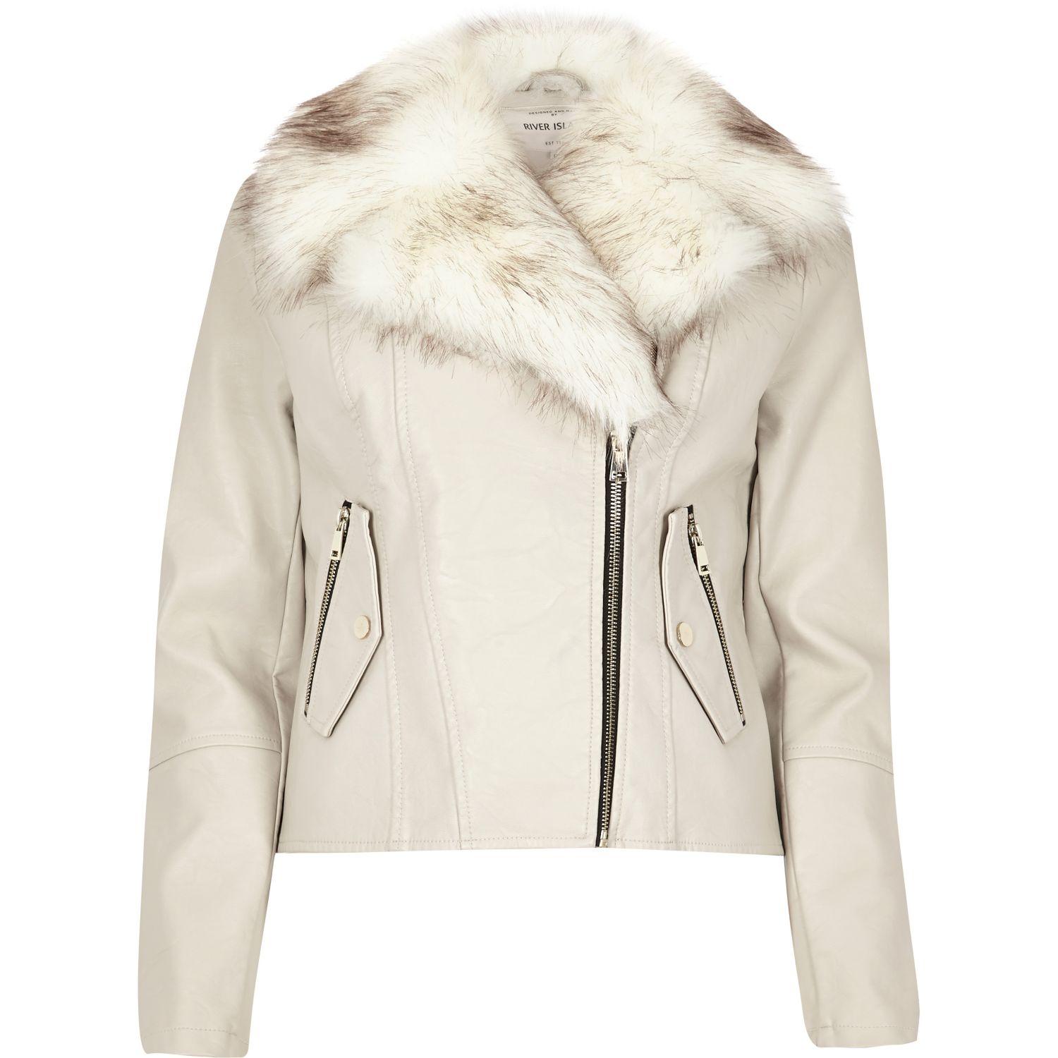 River Island Natural Stone Faux Fur Trim Biker Jacket