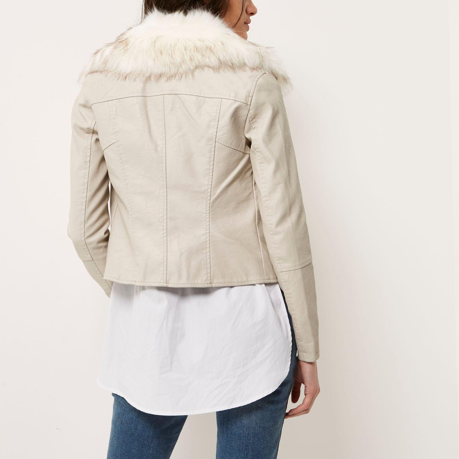 Lyst River Island Stone Faux Fur Trim Biker Jacket In Natural