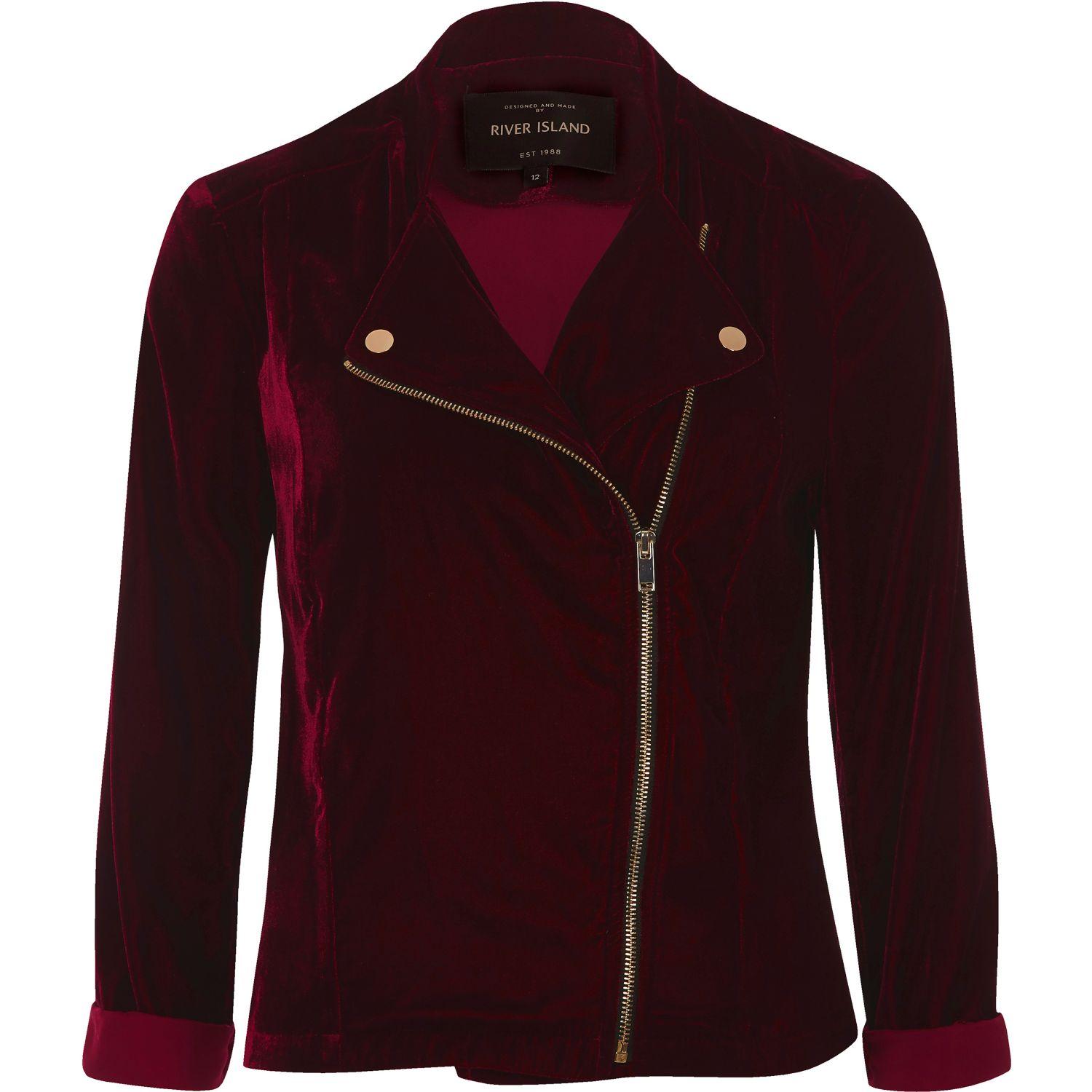 River Island Dark Red Velvet Biker Jacket Lyst