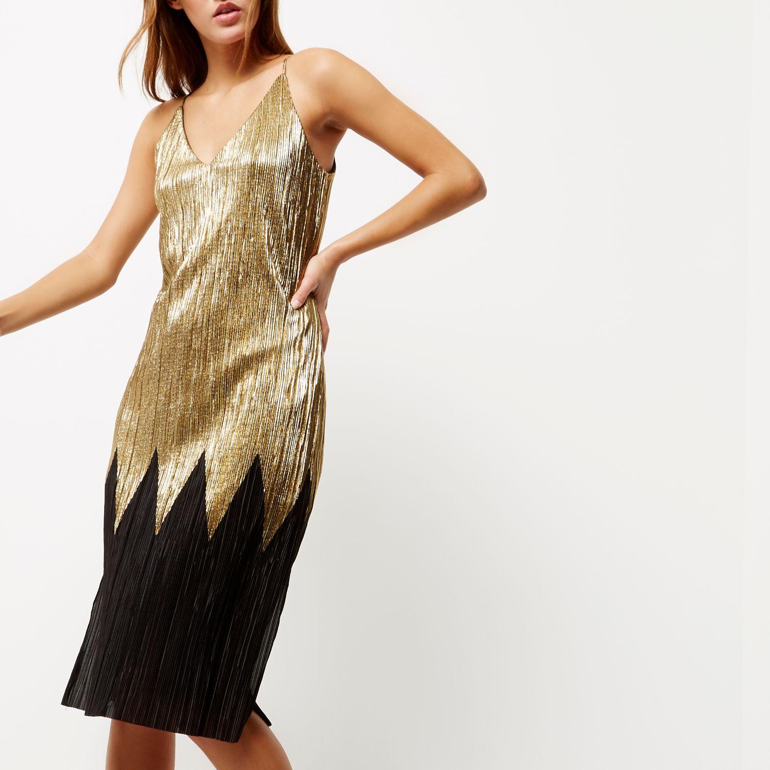Gold Pleated Midi Dress | Lyst