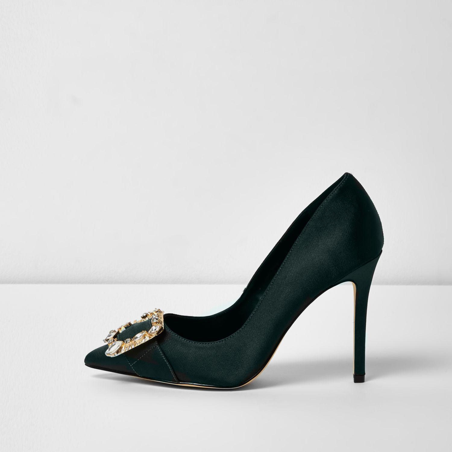 River Island Dark Green Satin Buckle Court Shoes - Lyst