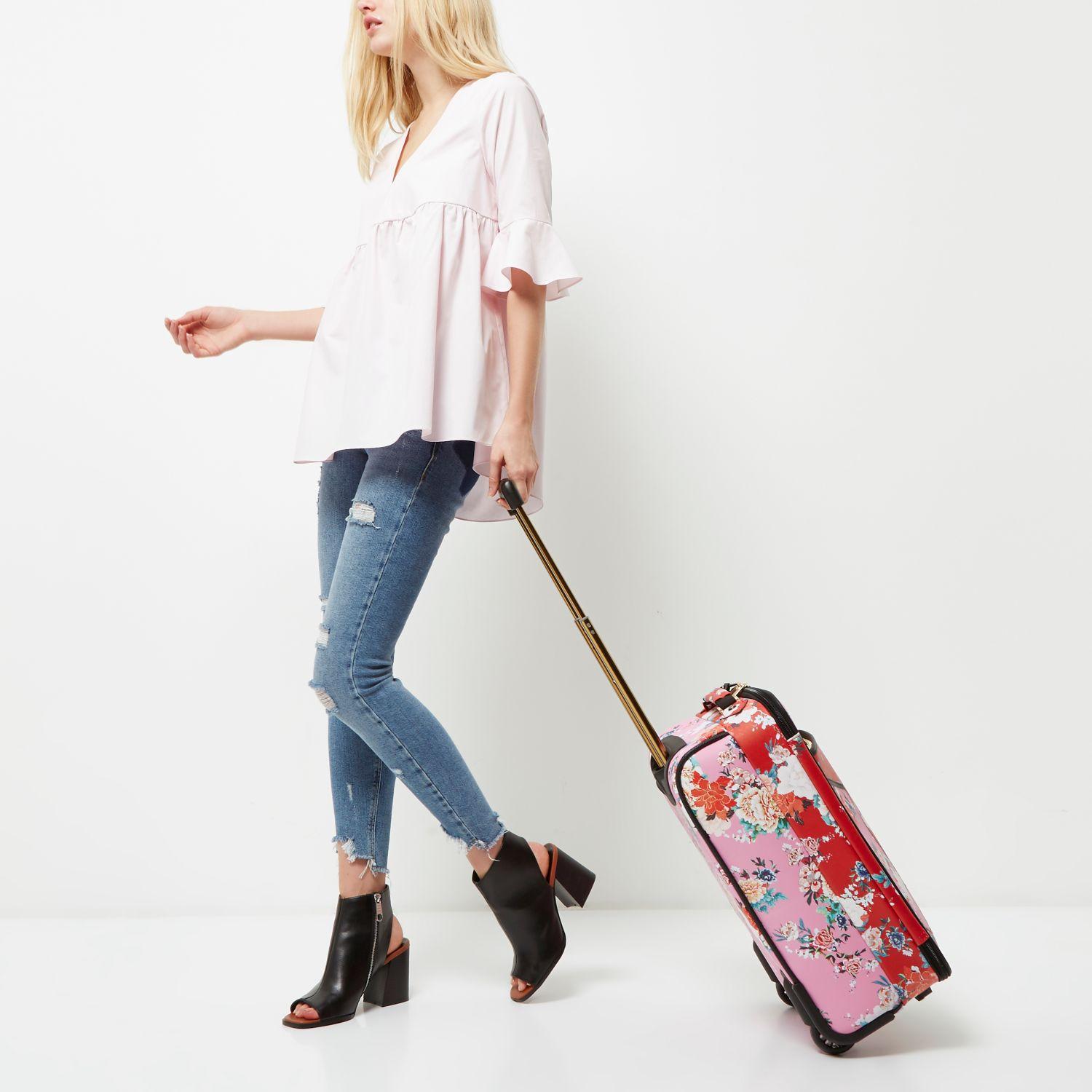 River Island Leather Pink And Red Floral Print Cabin Suitcase Lyst