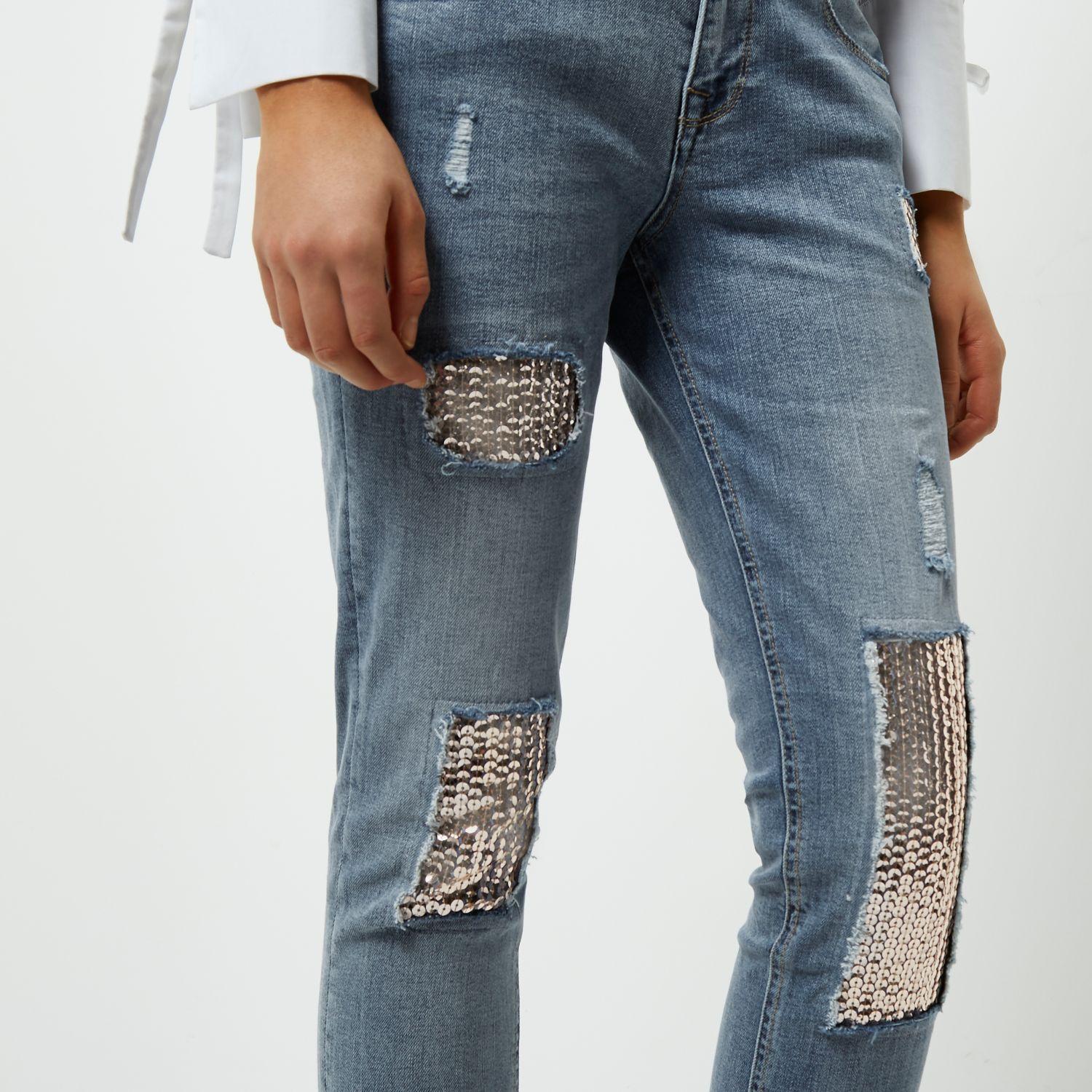 River island Silver Sequin Alannah Relaxed Skinny Jeans in Metallic Lyst