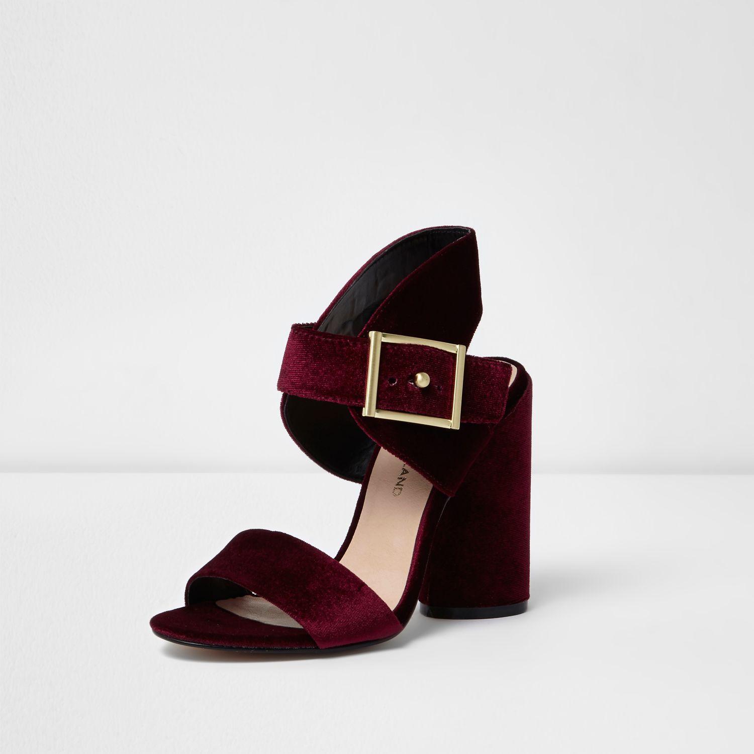 River Island Red Velvet Buckle Block Heel Sandals Lyst