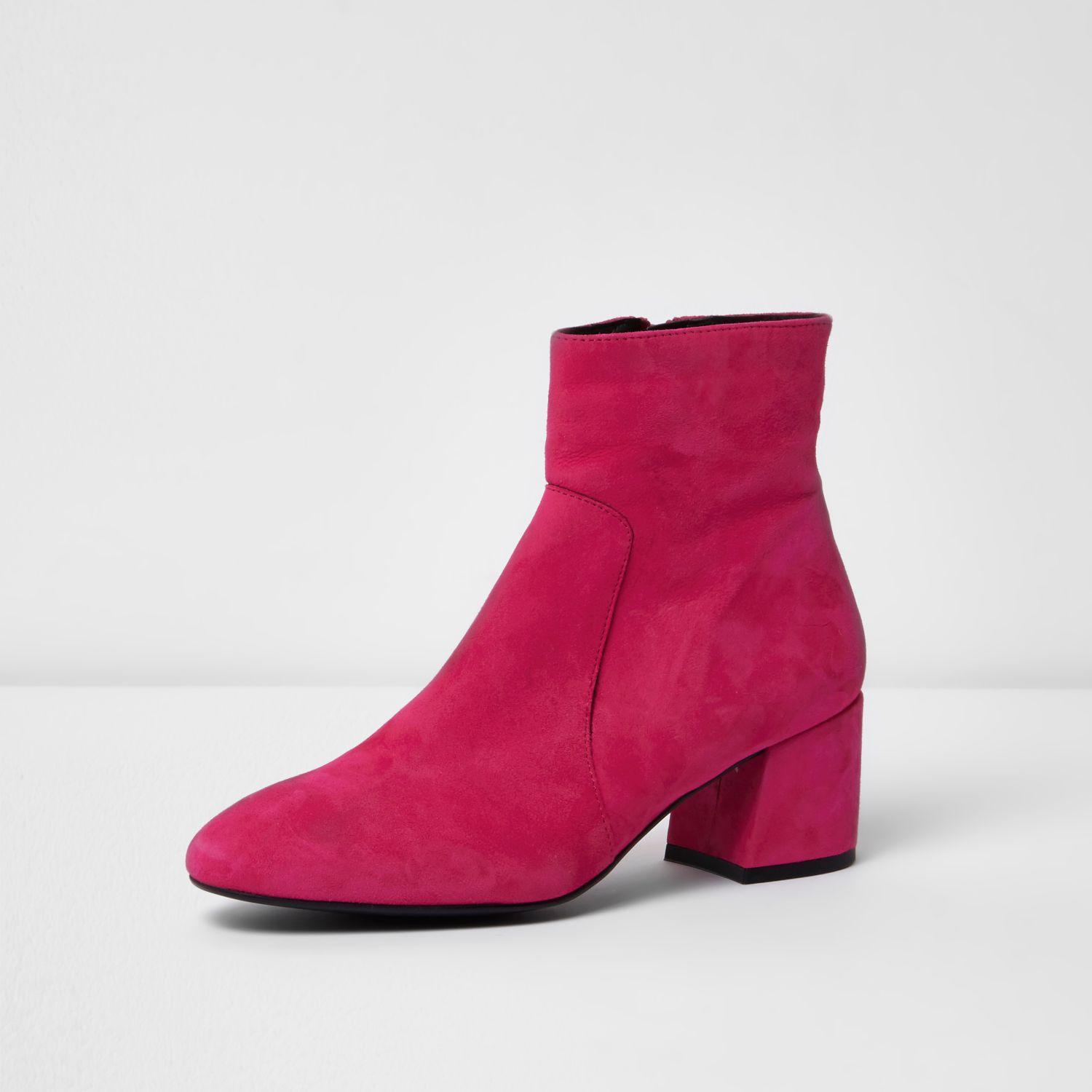 River Island Bright Pink Suede Block Heel Ankle Boots - Lyst