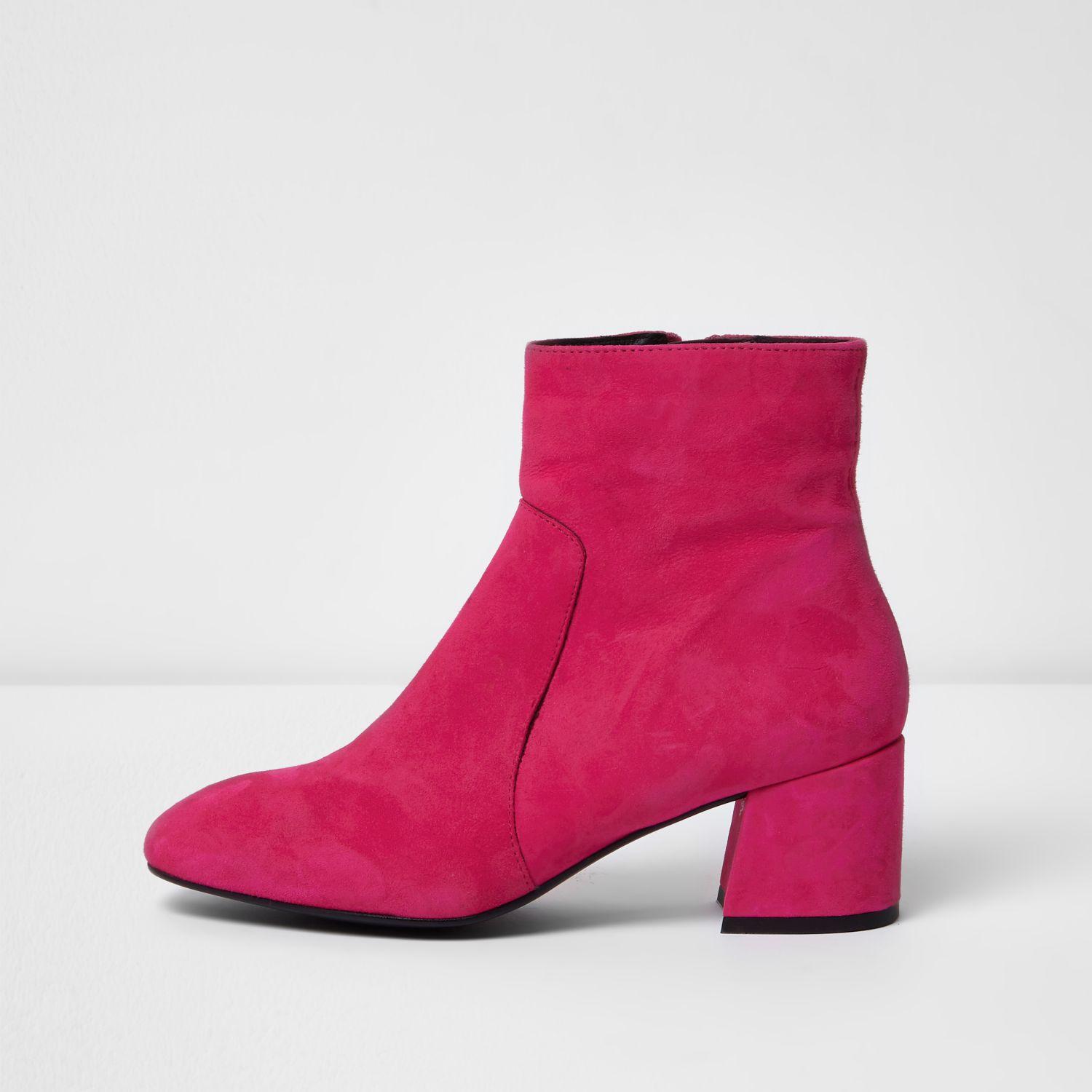 River Island Bright Pink Suede Block Heel Ankle Boots | Lyst UK