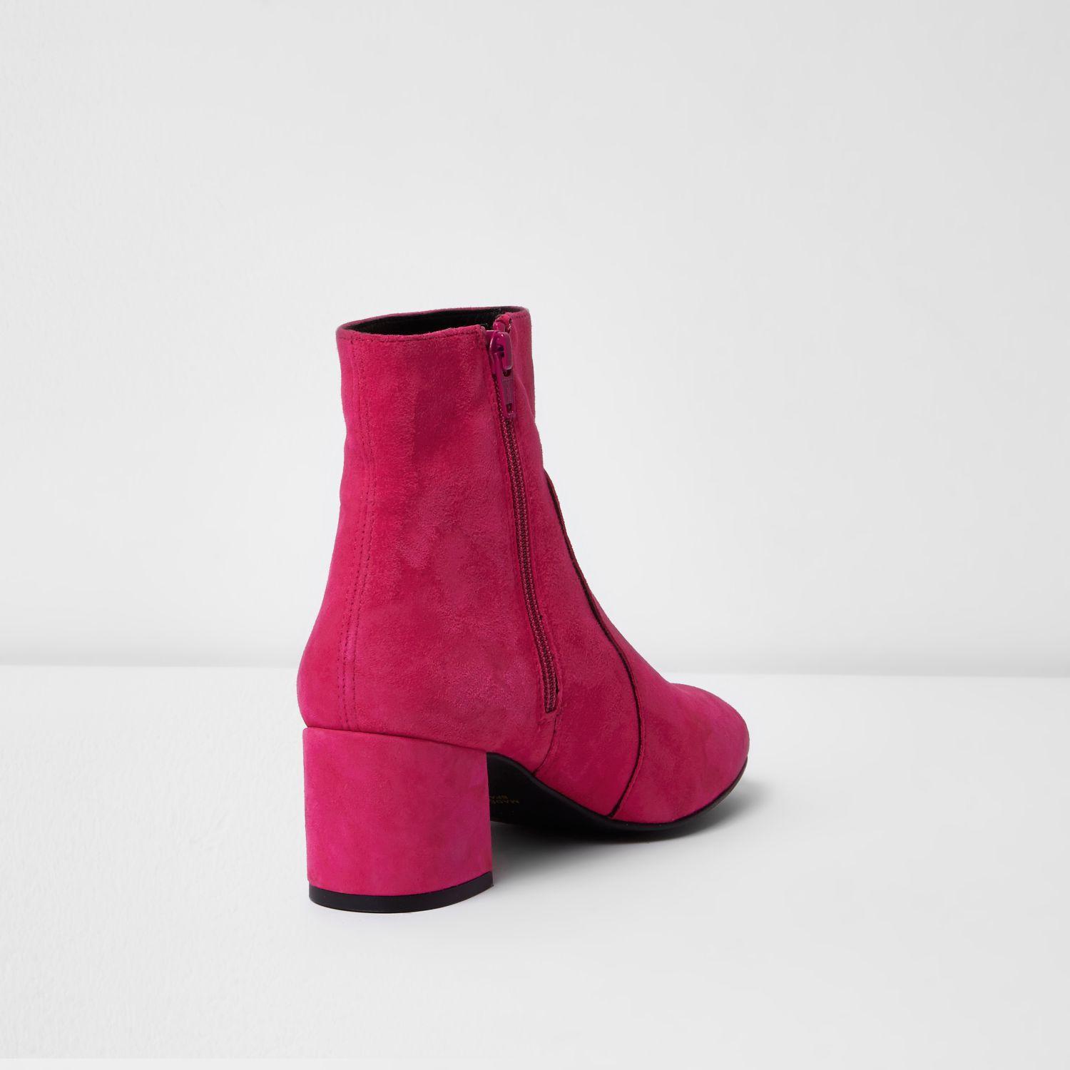 River Island Bright Pink Suede Block Heel Ankle Boots Lyst