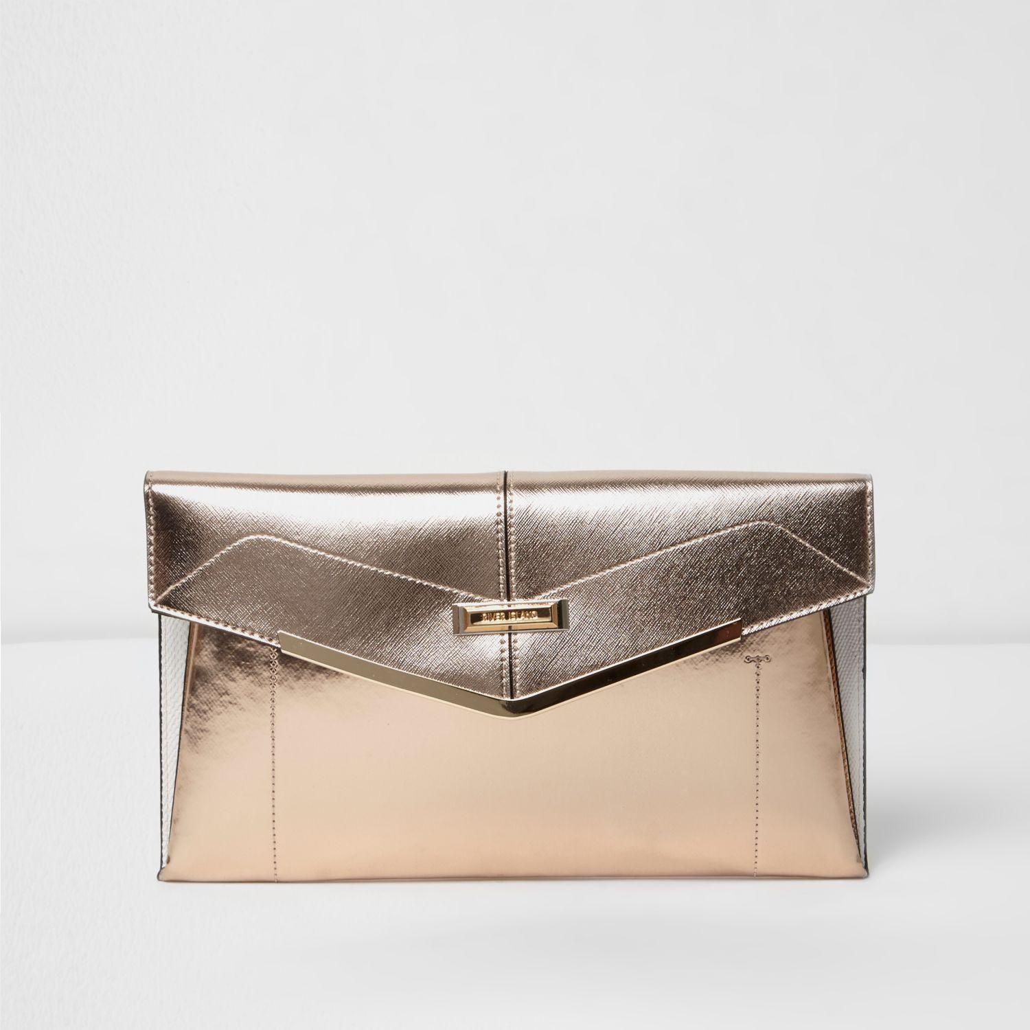 River Island Rose Gold Envelope Clutch Bag in Yellow - Lyst