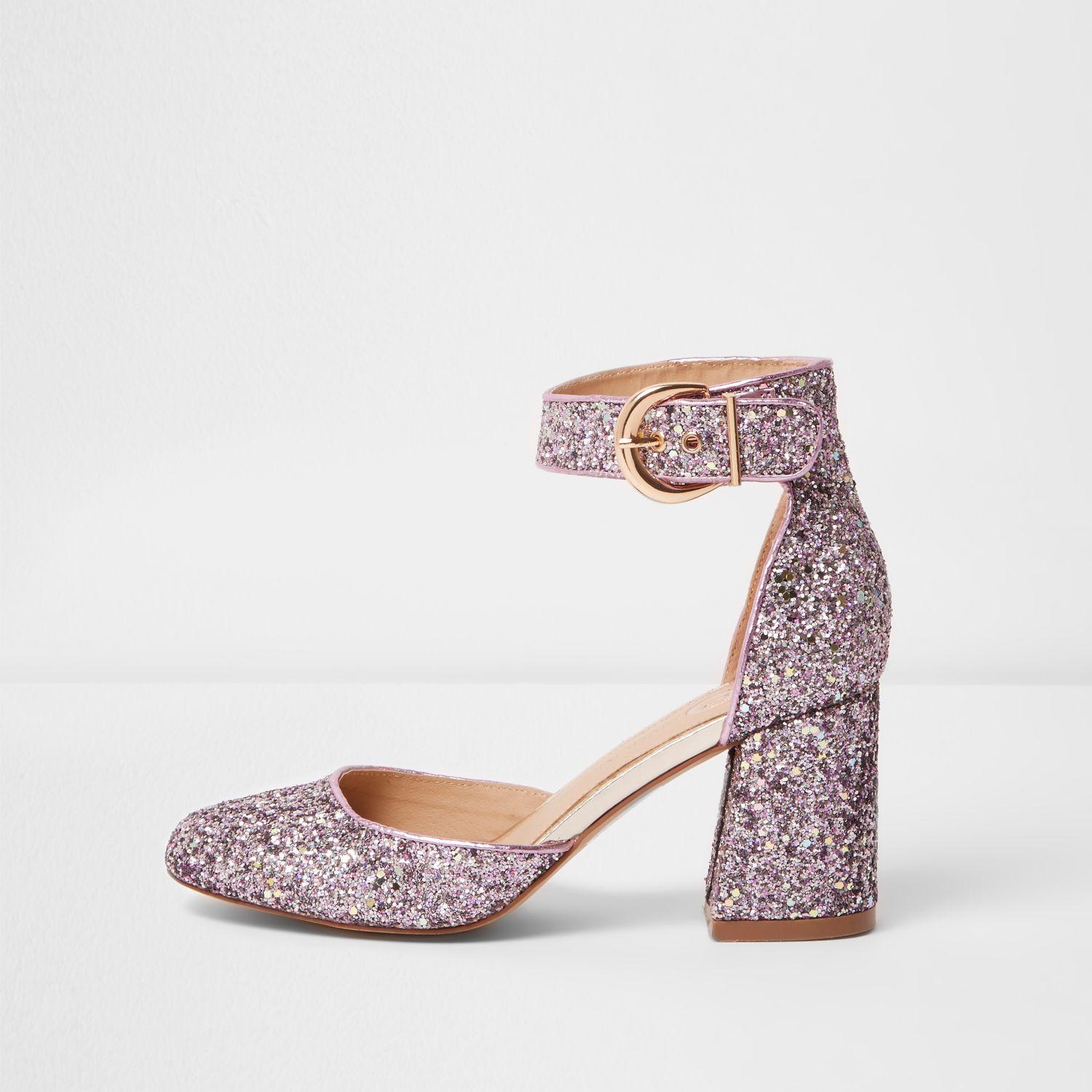 Purple Glitter Block Heel Shoes 
