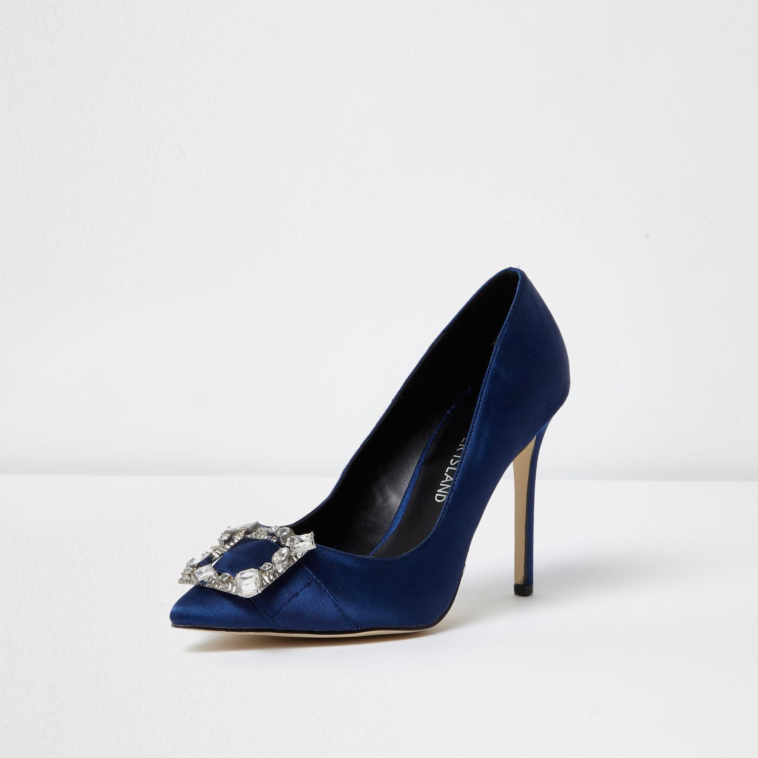 River Island Navy Satin Diamante Buckle Court Shoes in Blue Lyst