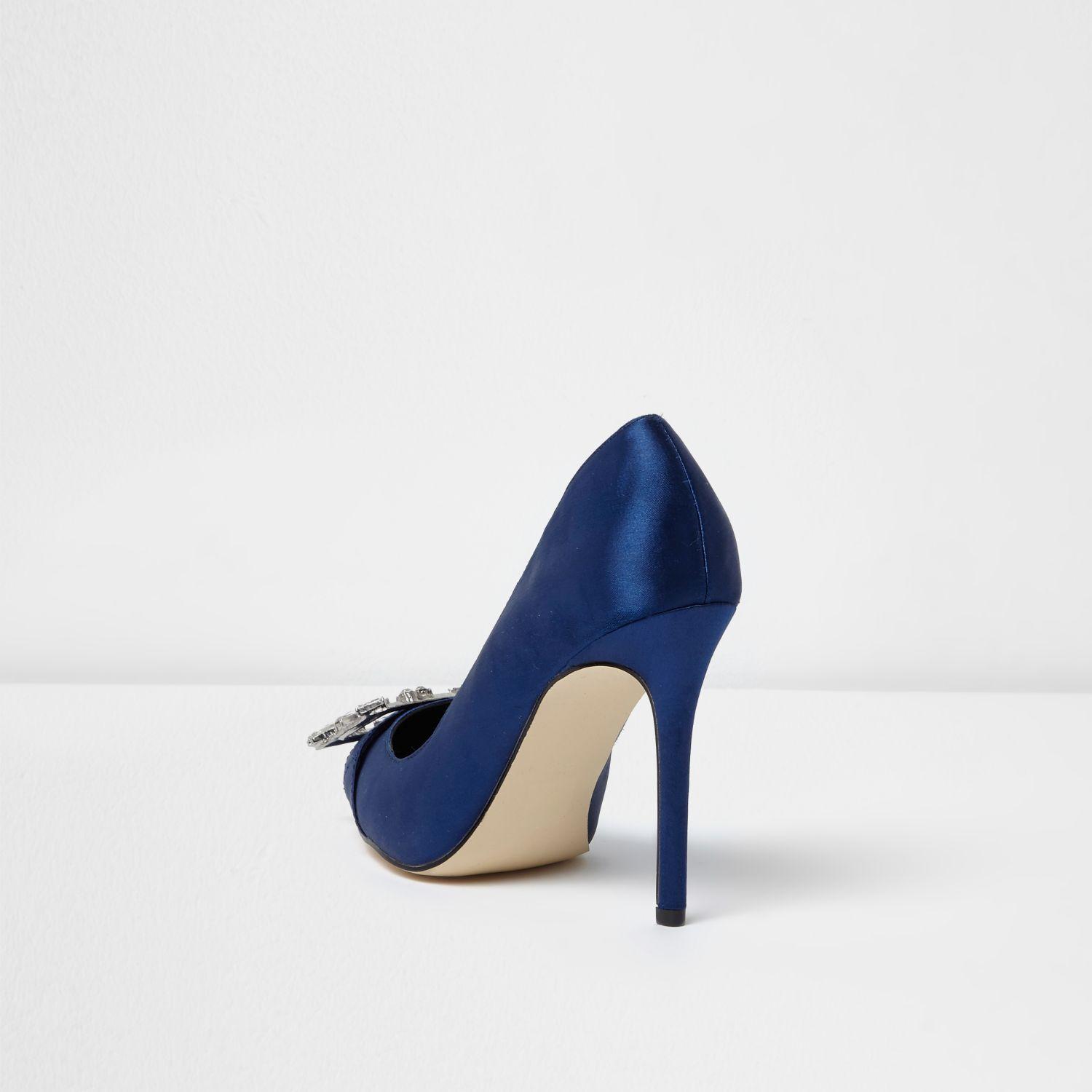 River Island Navy Satin Diamante Buckle Court Shoes in Blue Lyst