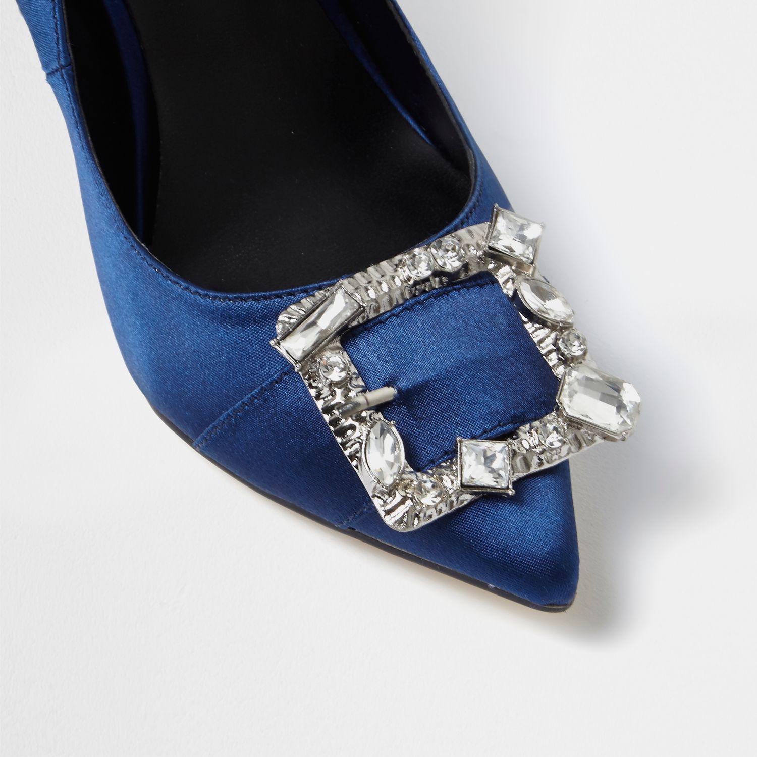 River Island Navy Satin Diamante Buckle Court Shoes in Blue - Lyst