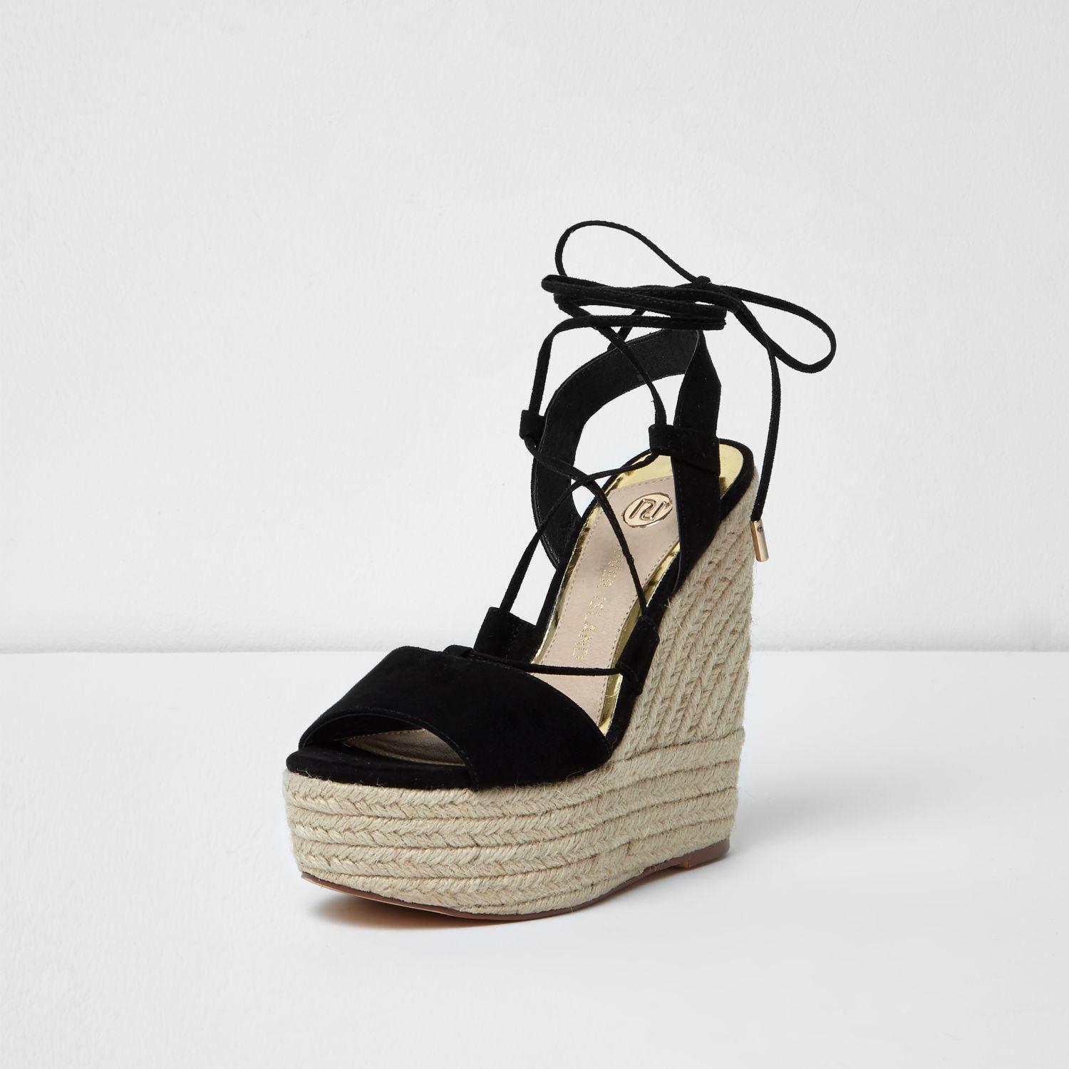 River Island Black Tie Up Espadrille Platform Wedges - Lyst