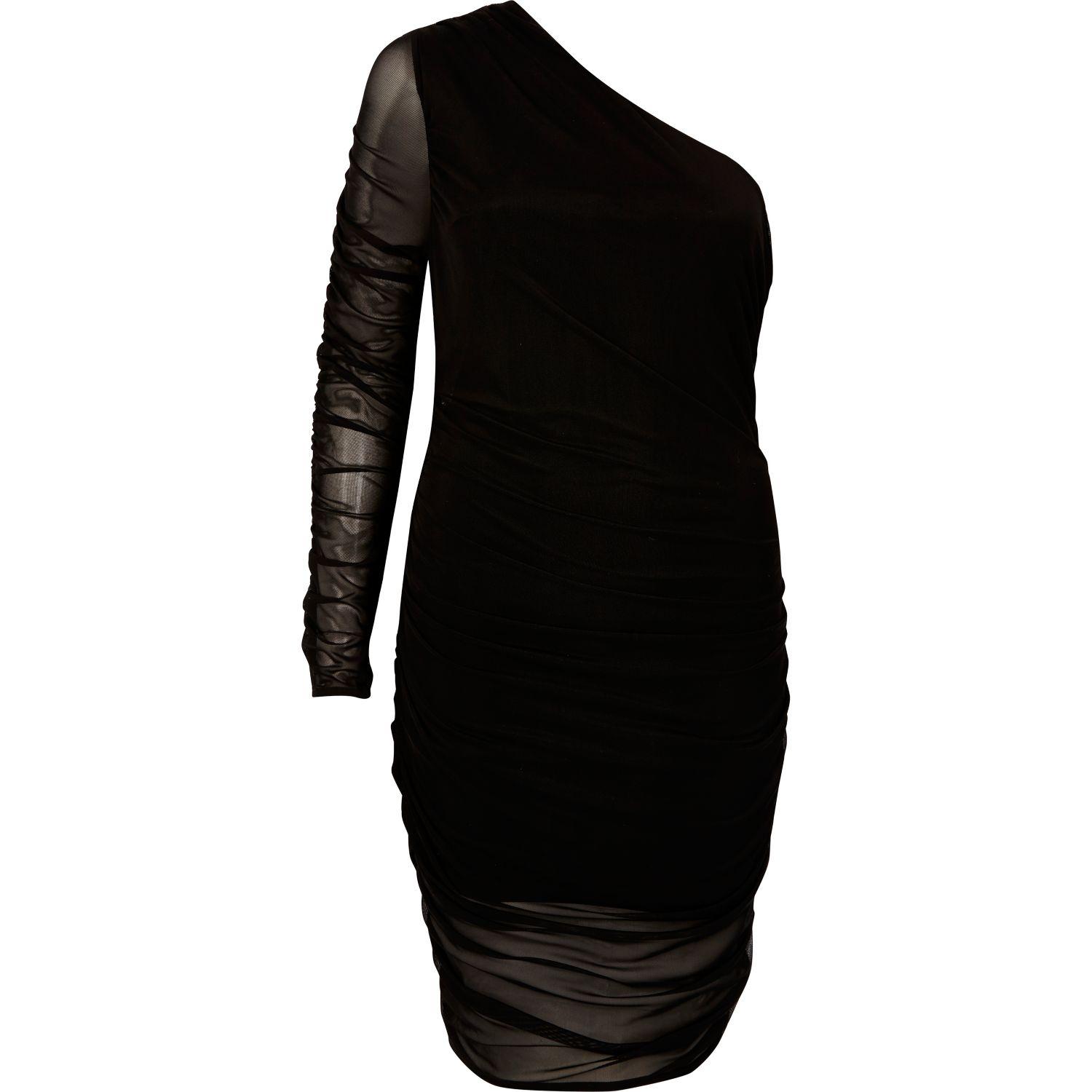 River island Black Mesh Ruched One Shoulder Dress in Black | Lyst