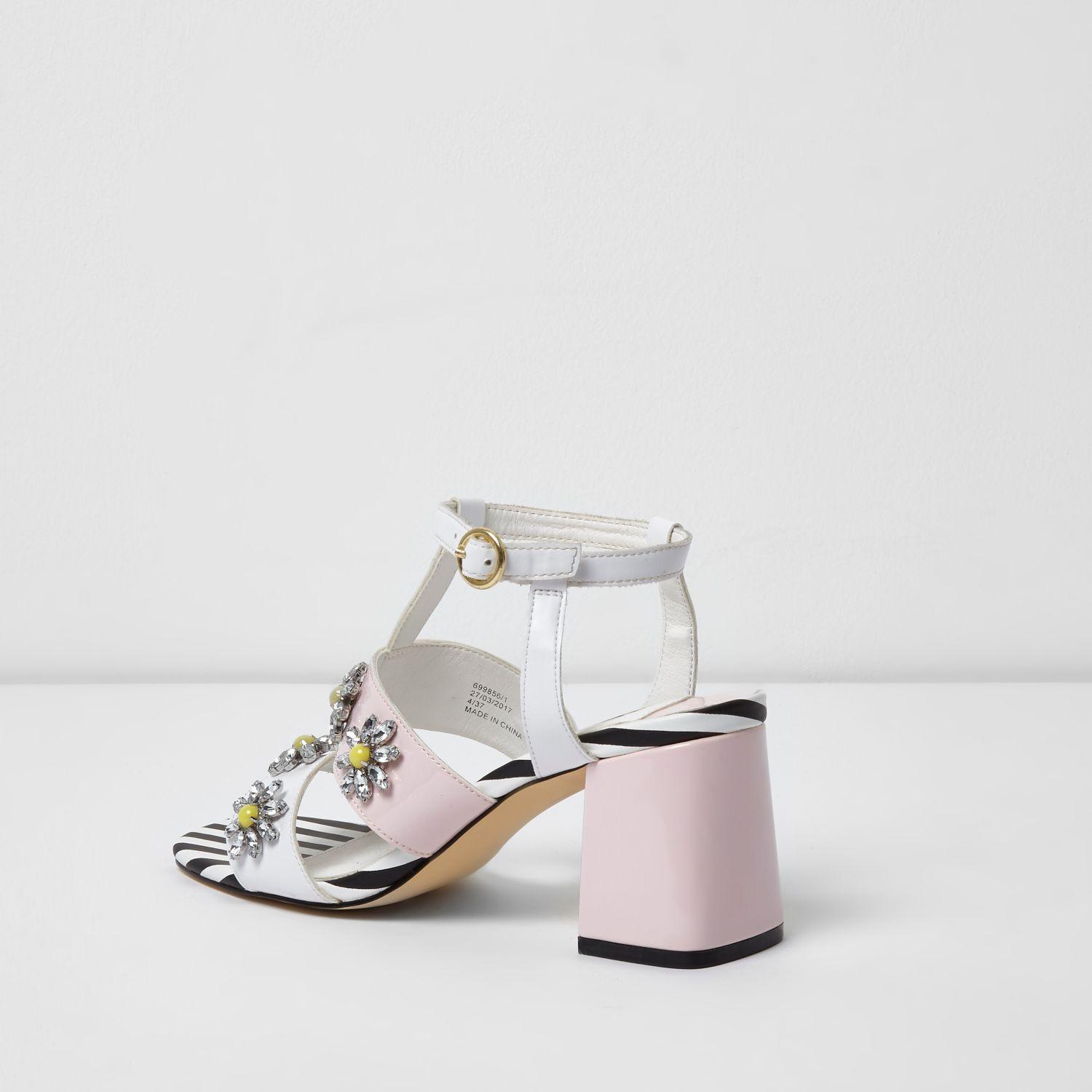 River Island White Daisy Diamante Block Heel Sandals - Lyst