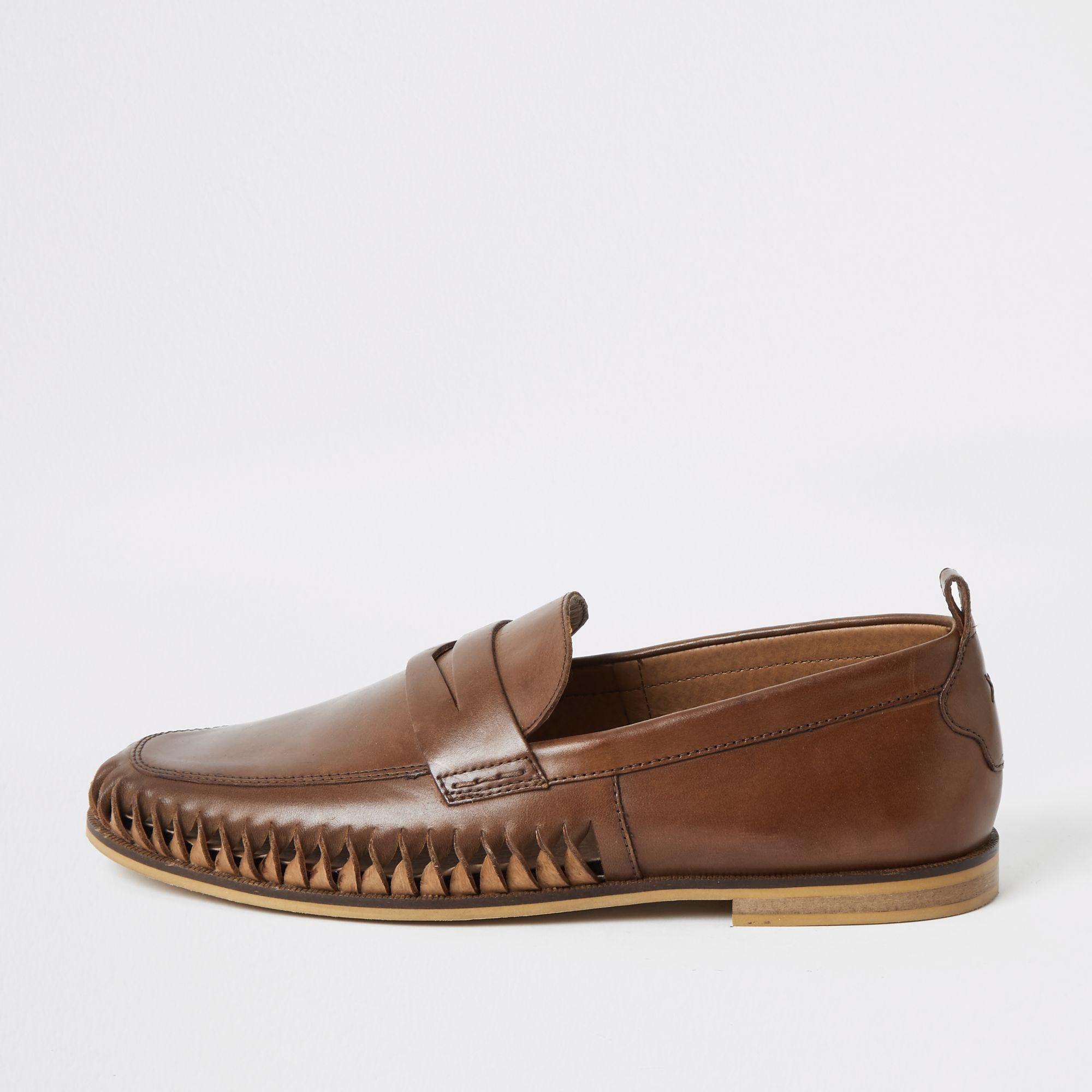 River Island Brown Leather Woven Loafers for Men - Lyst