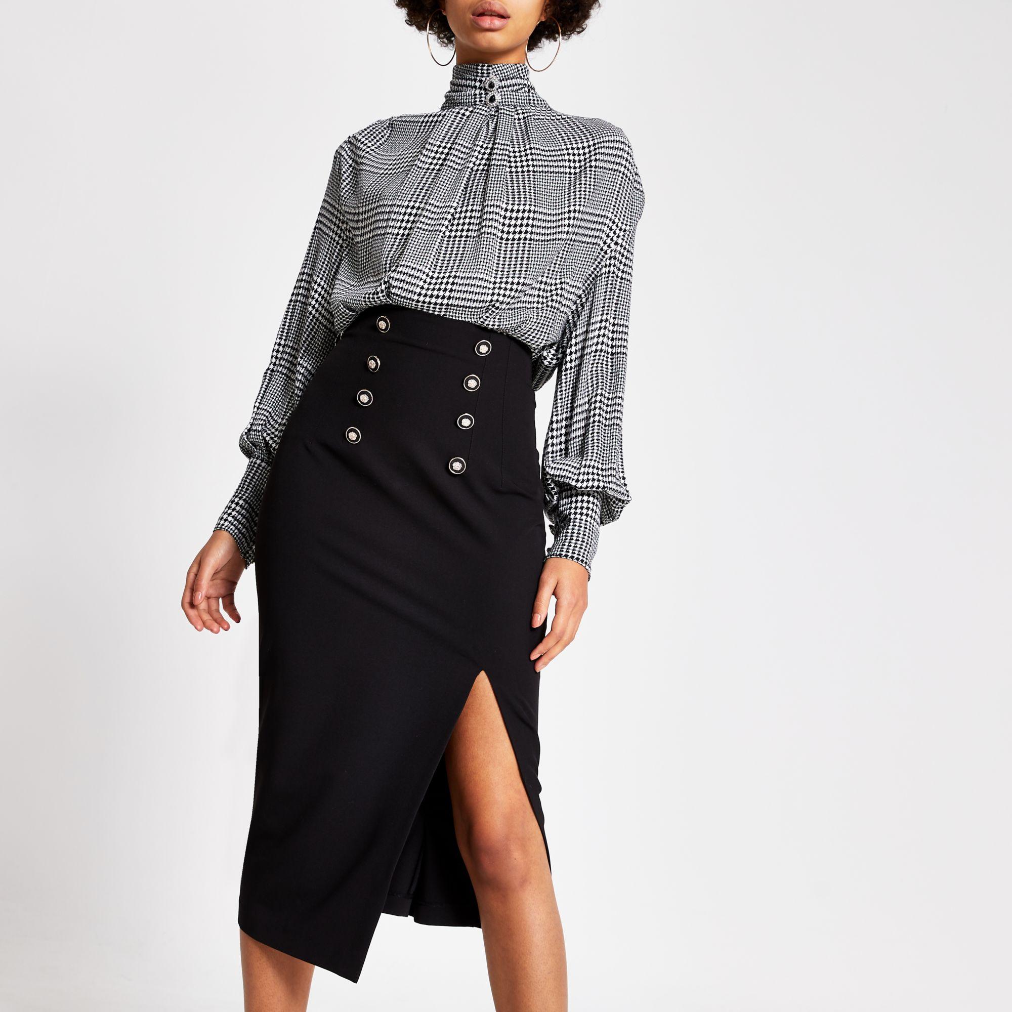 River Island High Waist Corset Button Pencil Skirt in Black | Lyst