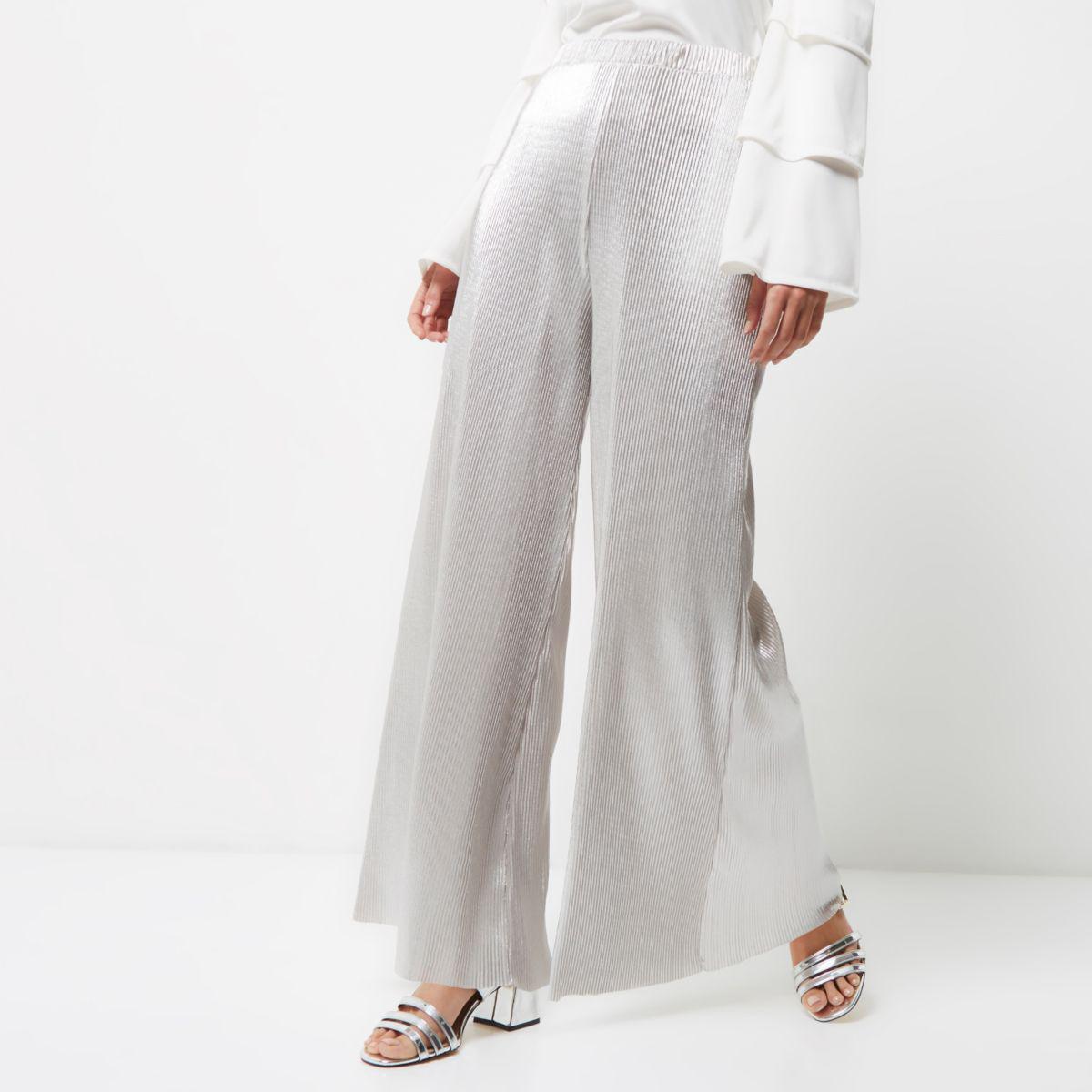 River Island Silver Metallic Wide Leg Palazzo Trousers in Metallic - Lyst