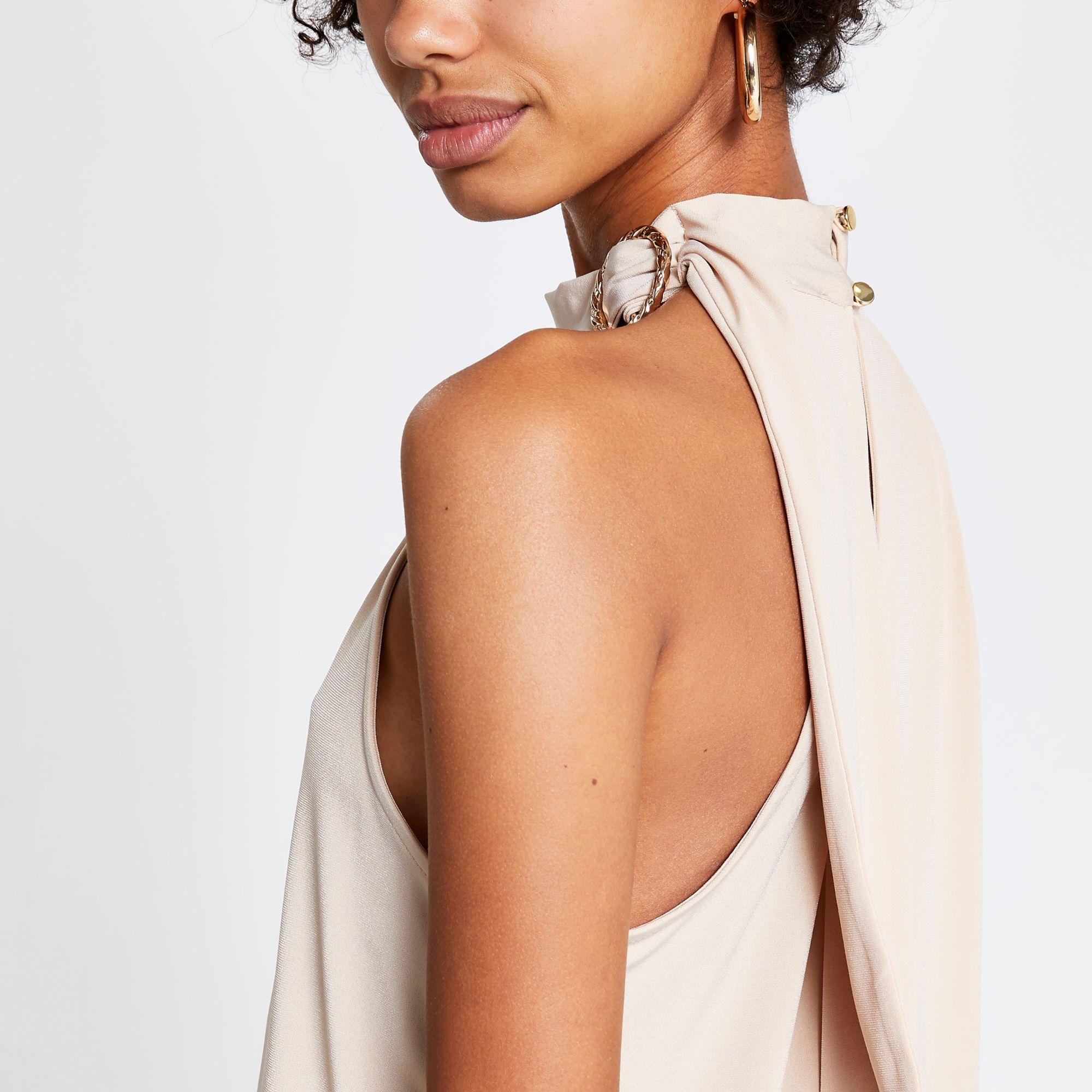 River Island Synthetic Beige Halter Neck Buckle Swing Dress in Natural - Lyst