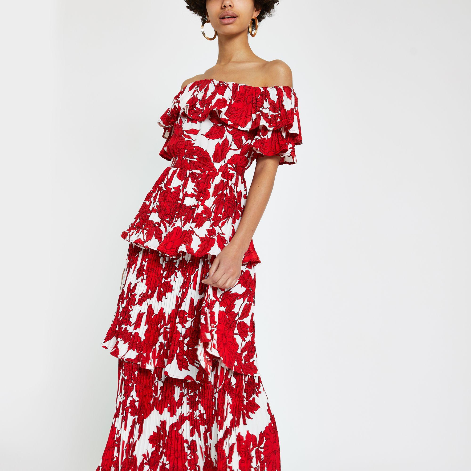 forever unique red print bardot midi dress