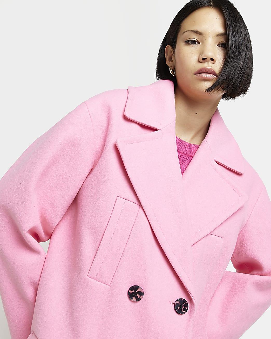 River Island Oversized Double Breasted Longline Coat in Pink | Lyst