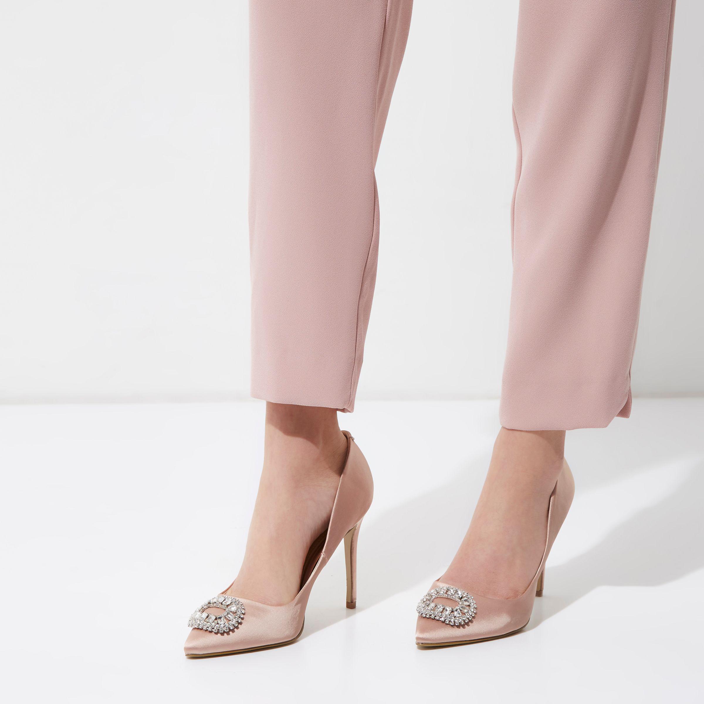 River Island Light Pink Satin Embellished Court Shoes | Lyst