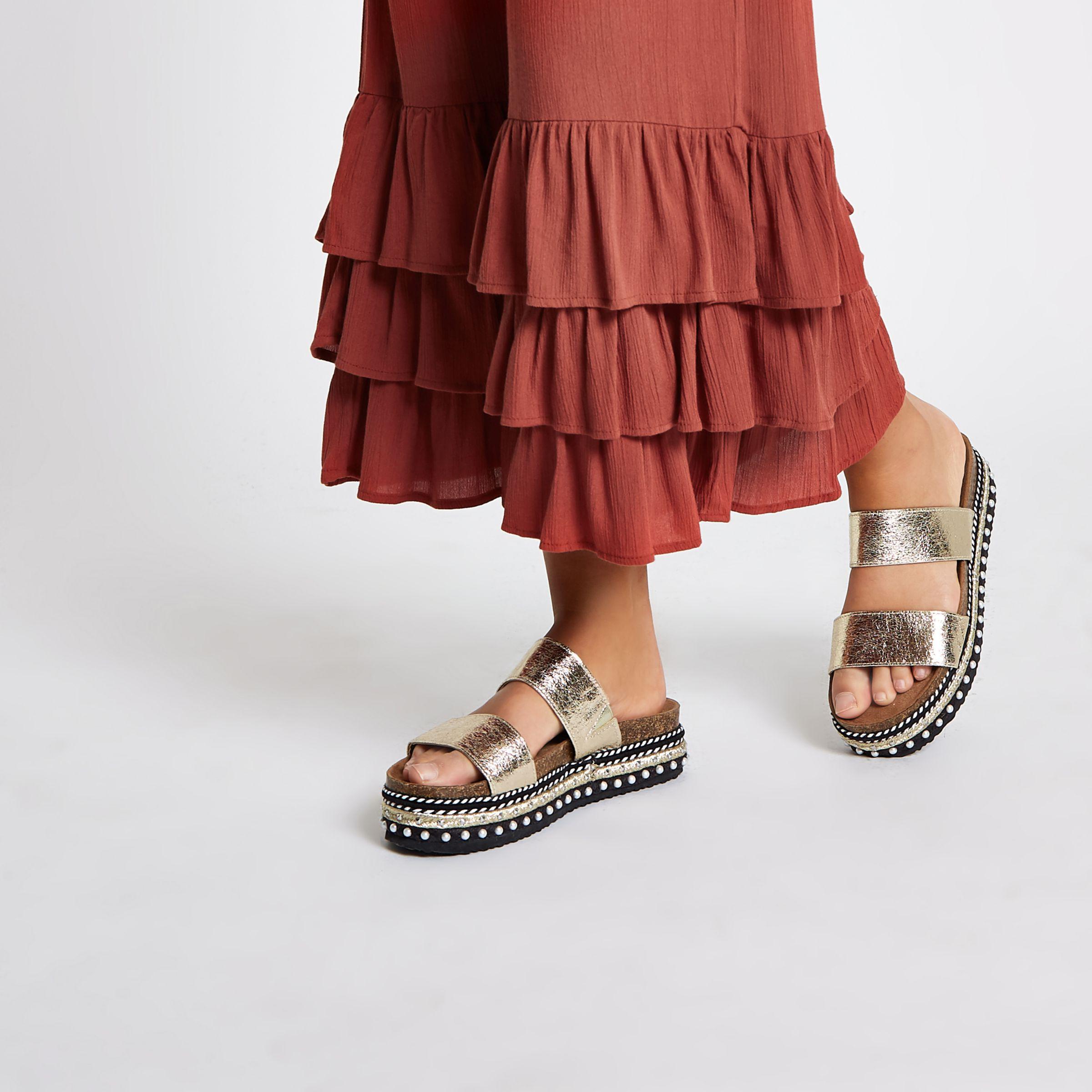 gold flatform sliders