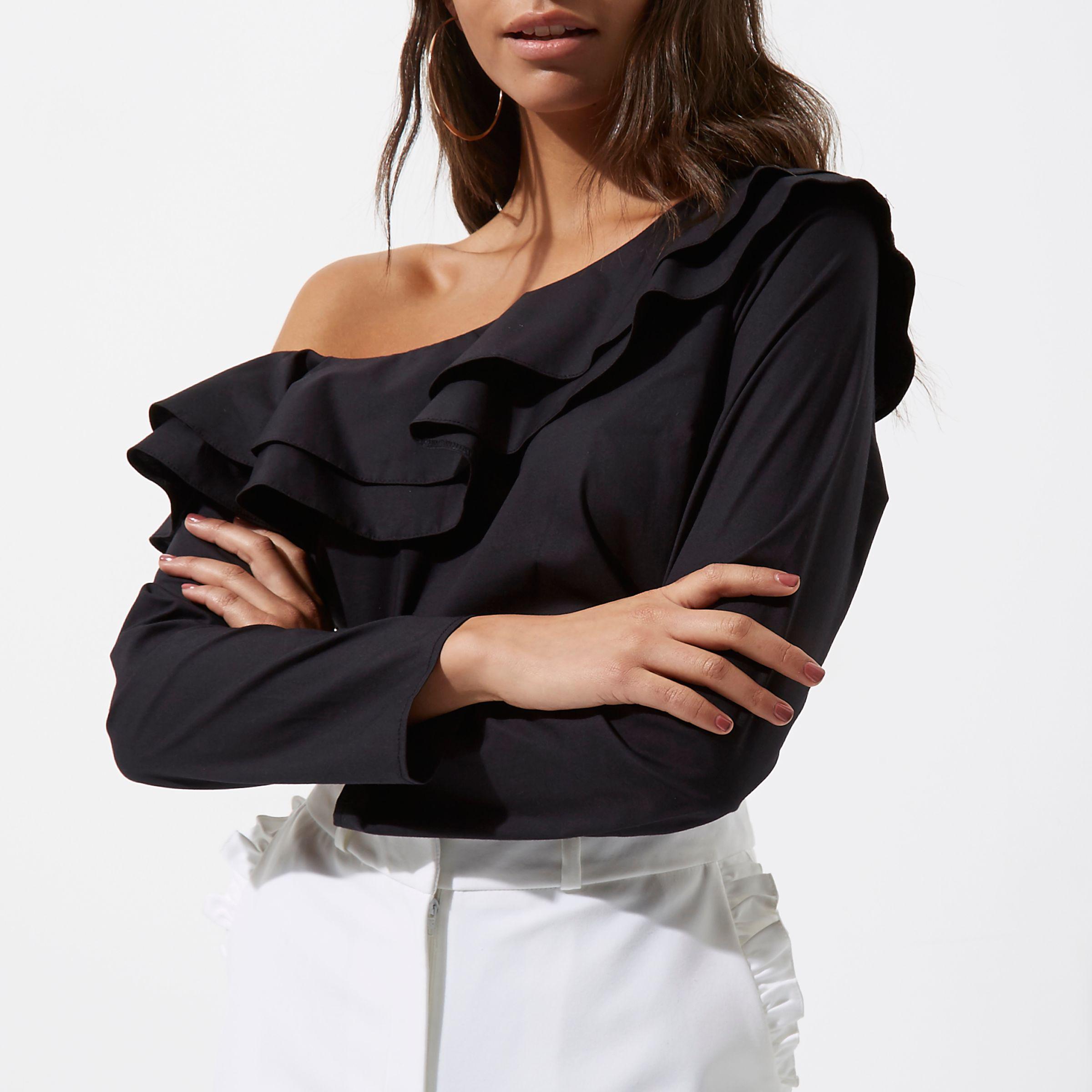 NEW River Island 6-16 Black One Shoulder Ruffle Tunic Top Blouse Party Evening NEW River Island 6-16 Black One Shoulder Ruffle Tunic Top Blouse Party Evening