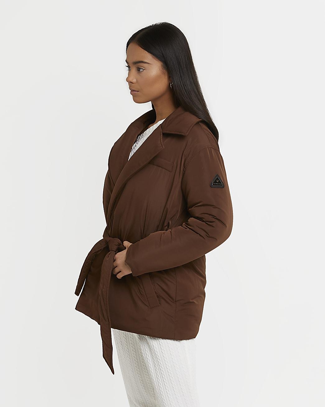 River Island Petite Brown Belted Puffer Coat Lyst UK