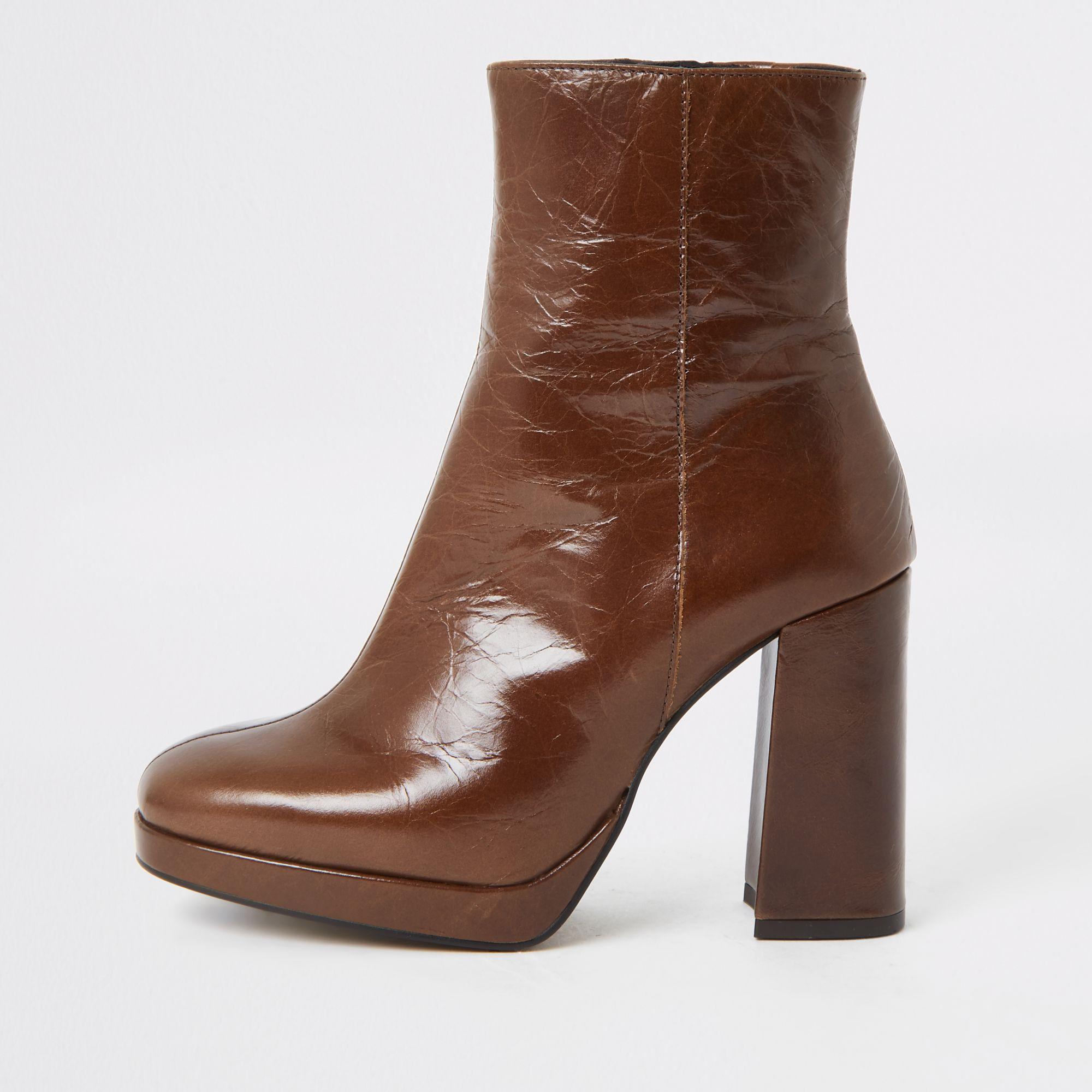 River Island Dark Leather Block Heel Sock Boot in Brown Lyst