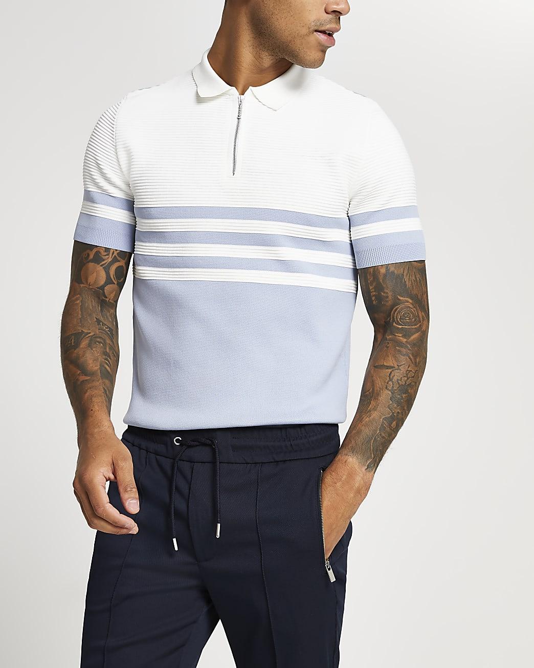 River Island Colour Block Knitted Polo Shirt in Blue for Men | Lyst