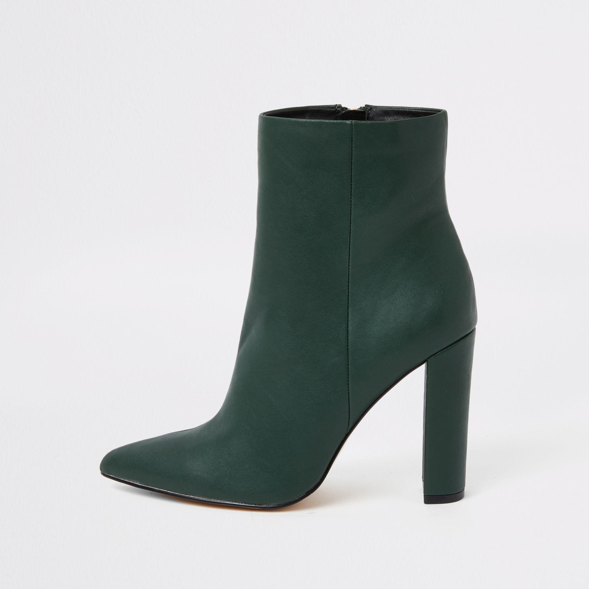Dark Green Pointed Toe Block Heel Boots 